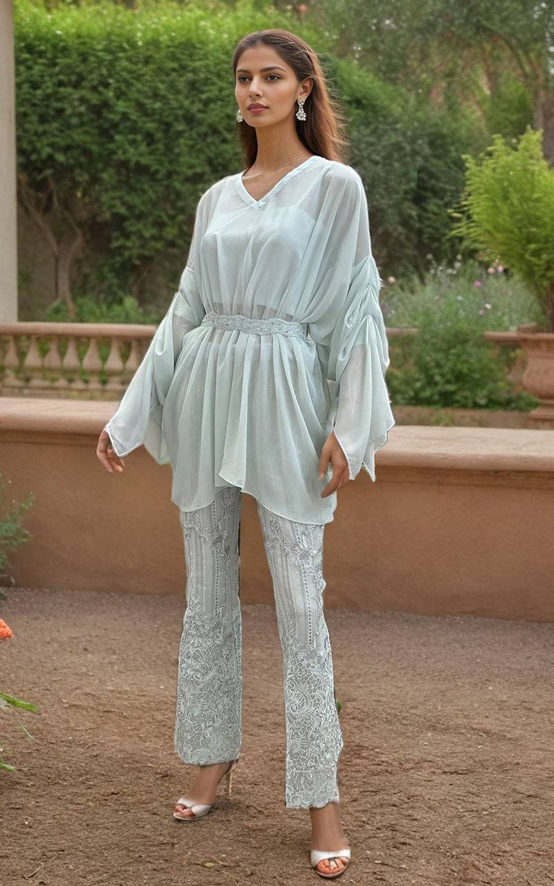 Threads and Motifs | Formal Dresses 25 | Chiffon Top with Organza Embroidered Trouser - Pakistani Designer Dress - by Threads and Motifs - Type : Ladies Clothes - 100% Original at Saira Sultan