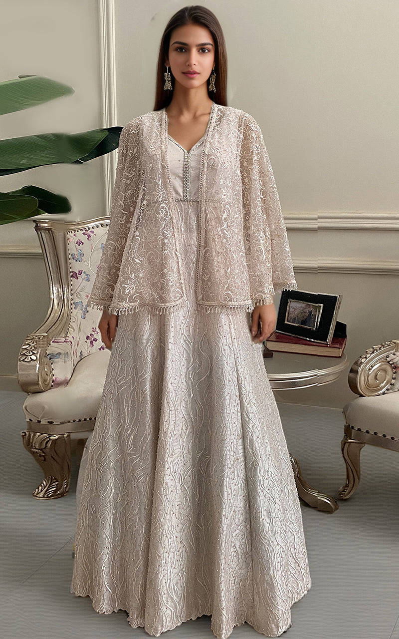 Threads and Motifs | Formal Dresses 25 | Net Embroidered Maxi With Embroidered Cape - Pakistani Designer Dress - by Threads and Motifs - Type : Ladies Clothes - 100% Original at Saira Sultan