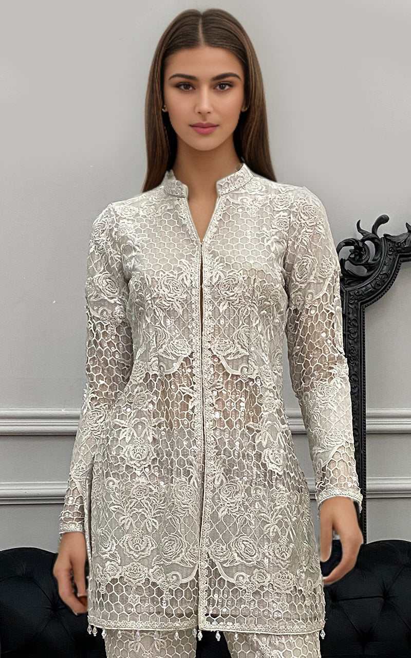 Threads and Motifs | Formal Dresses 25 | Organza Embroidered Jacket with Trouser - Pakistani Designer Dress - by Threads and Motifs - Type : Ladies Clothes - 100% Original at Saira Sultan