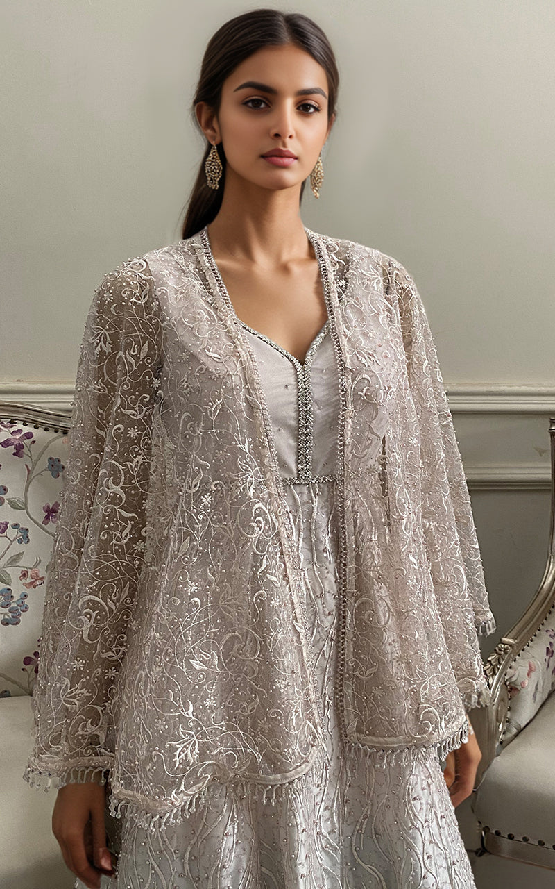 Threads and Motifs | Formal Dresses 25 | Net Embroidered Maxi With Embroidered Cape - Pakistani Designer Dress - by Threads and Motifs - Type : Ladies Clothes - 100% Original at Saira Sultan