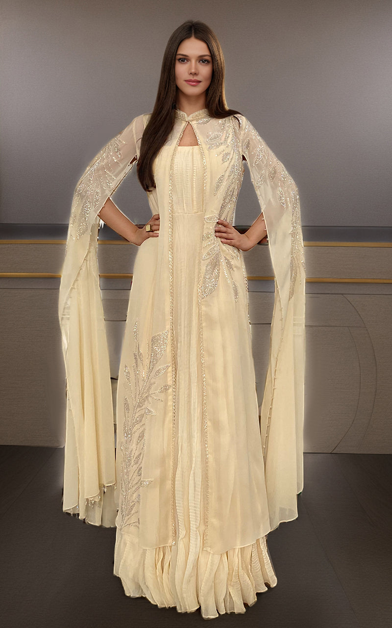 Threads and Motifs | Formal Dresses 25 | Chiffon Embroidered Cape With Crushed Maxi - Pakistani Designer Dress - by Threads and Motifs - Type : Ladies Clothes - 100% Original at Saira Sultan