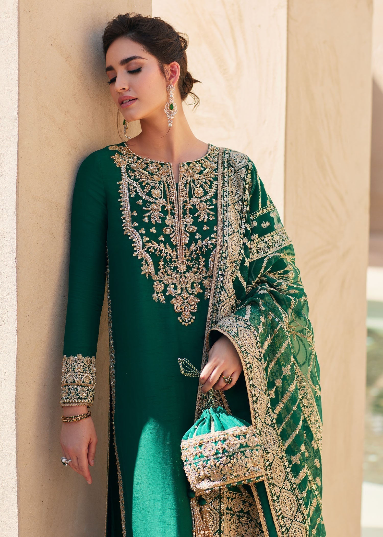 Kanwal Malik | Laira Formals | Zyra M Bottle Green Korean Silk