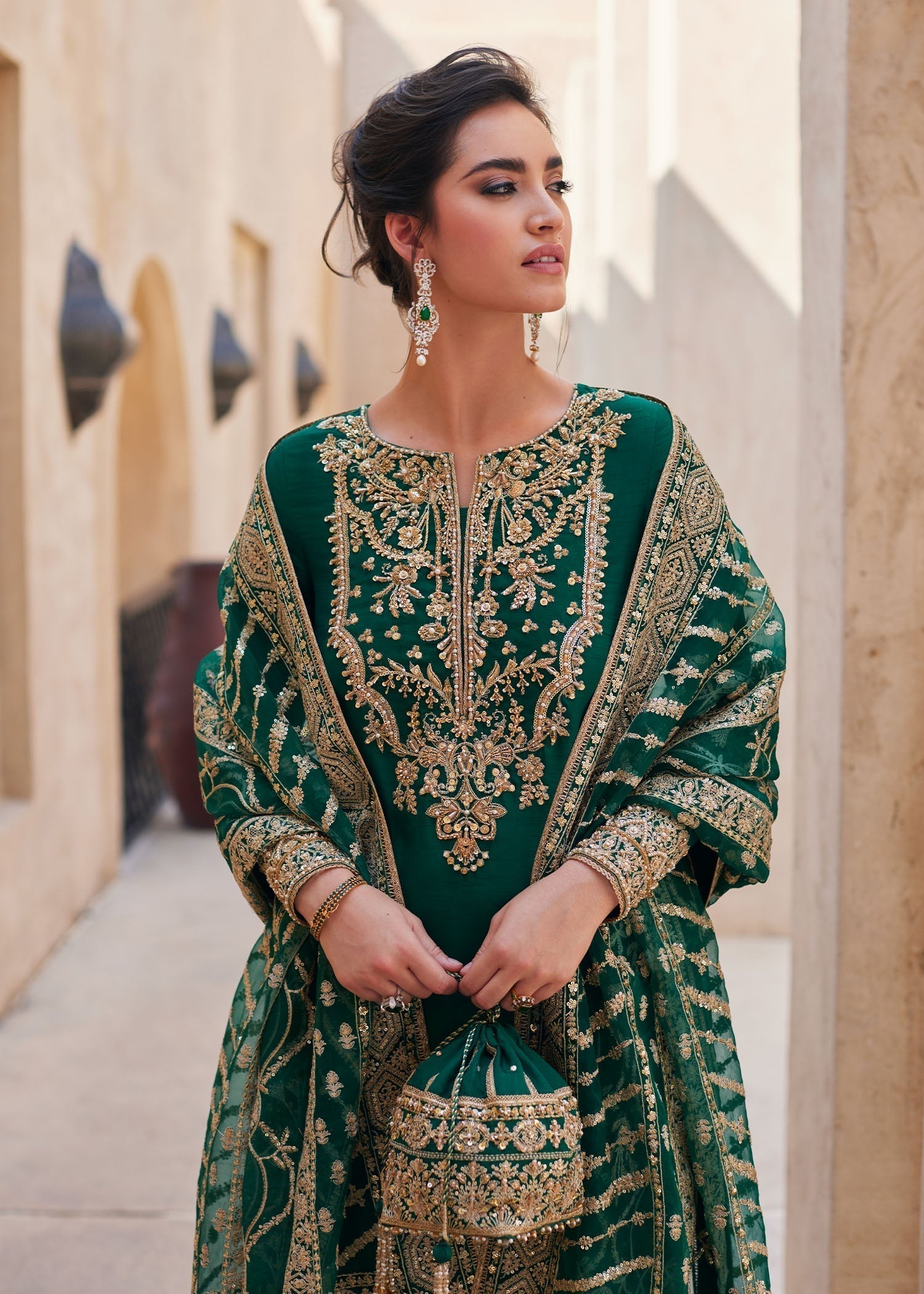 Kanwal Malik | Laira Formals | Zyra L Bottle Green Korean Silk