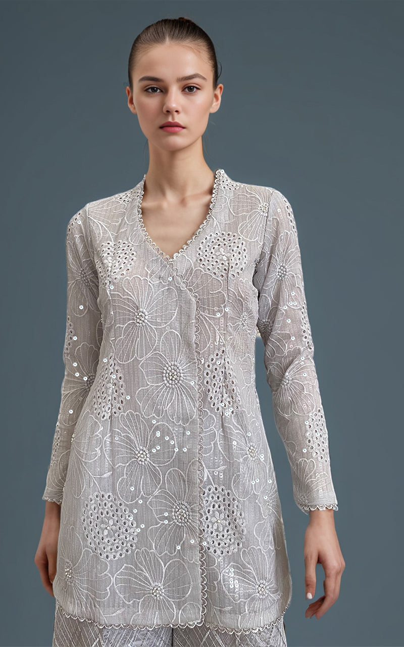 Threads and Motifs | Formal Dresses 25 | Chiffon Chikankari Embroidered Angrakha with Net embroidered trouser - Pakistani Designer Dress - by Threads and Motifs - Type : Ladies Clothes - 100% Original at Saira Sultan