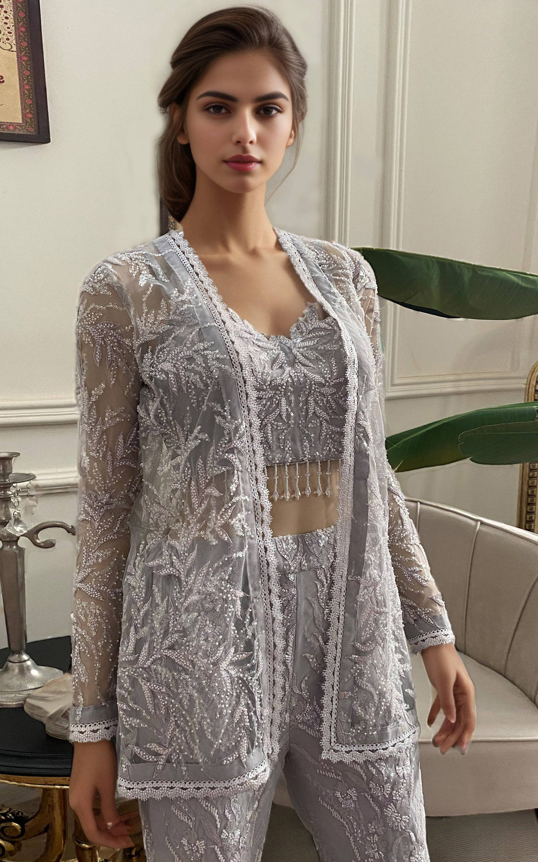Threads and Motifs | Formal Dresses 25 | Net Embroidered Jacket With Embroidered Trouser - Pakistani Designer Dress - by Threads and Motifs - Type : Ladies Clothes - 100% Original at Saira Sultan