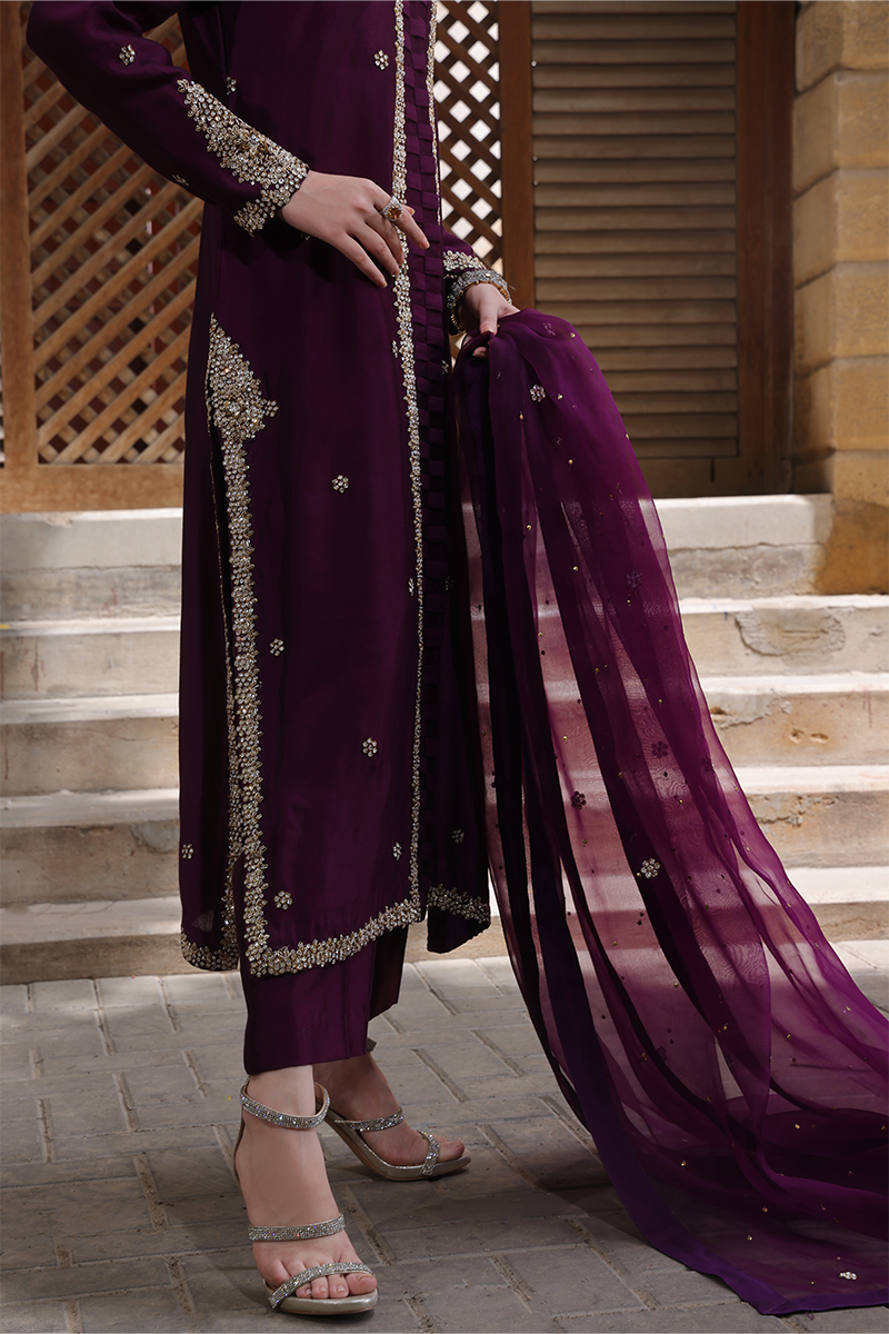 Mona Imran | Dilzaib Formals | Haya Custom Size Dark Plum Sheesha Silk
