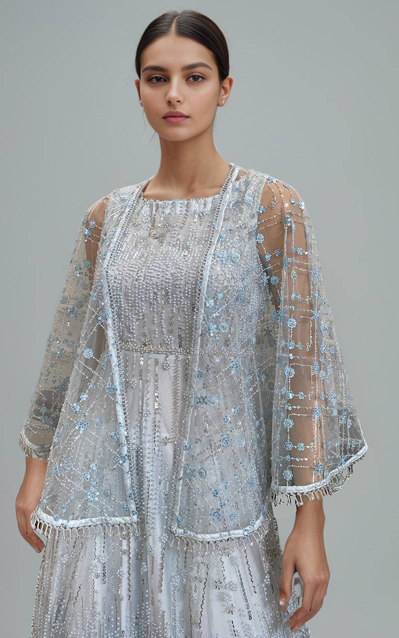 Threads and Motifs | Formal Dresses 25 | Net Embroidered Cape With Maxi - Pakistani Designer Dress - by Threads and Motifs - Type : Ladies Clothes - 100% Original at Saira Sultan