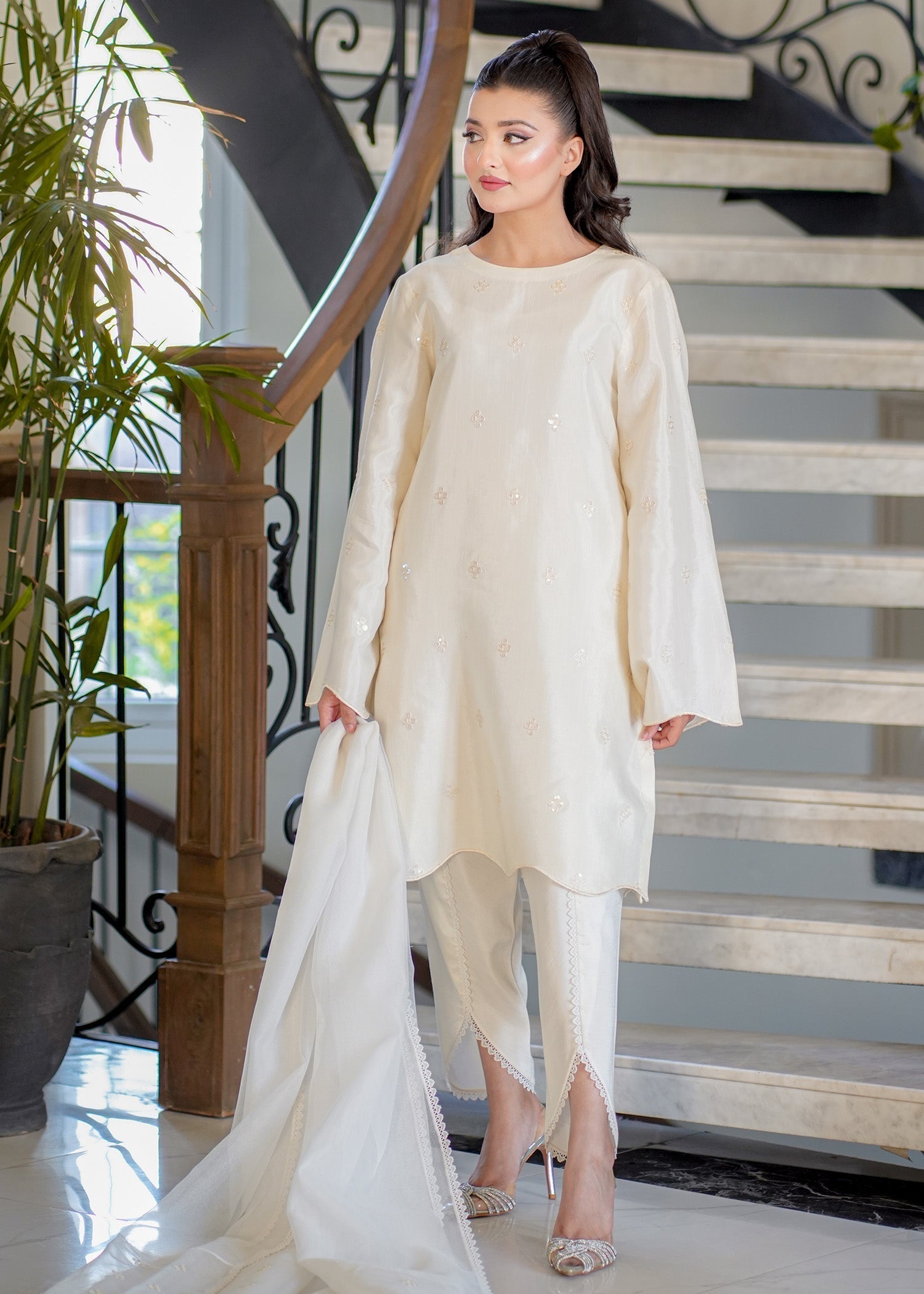 Fozia Khalid | Silk Spire | BLISS M Ivory Raw Silk