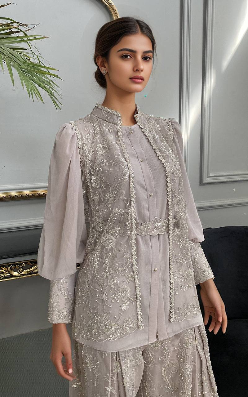 Threads and Motifs | Formal Dresses 25 | Net Embroidered Jacket With Chiffon Shirt And Embroidered Trouser - Pakistani Designer Dress - by Threads and Motifs - Type : Ladies Clothes - 100% Original at Saira Sultan