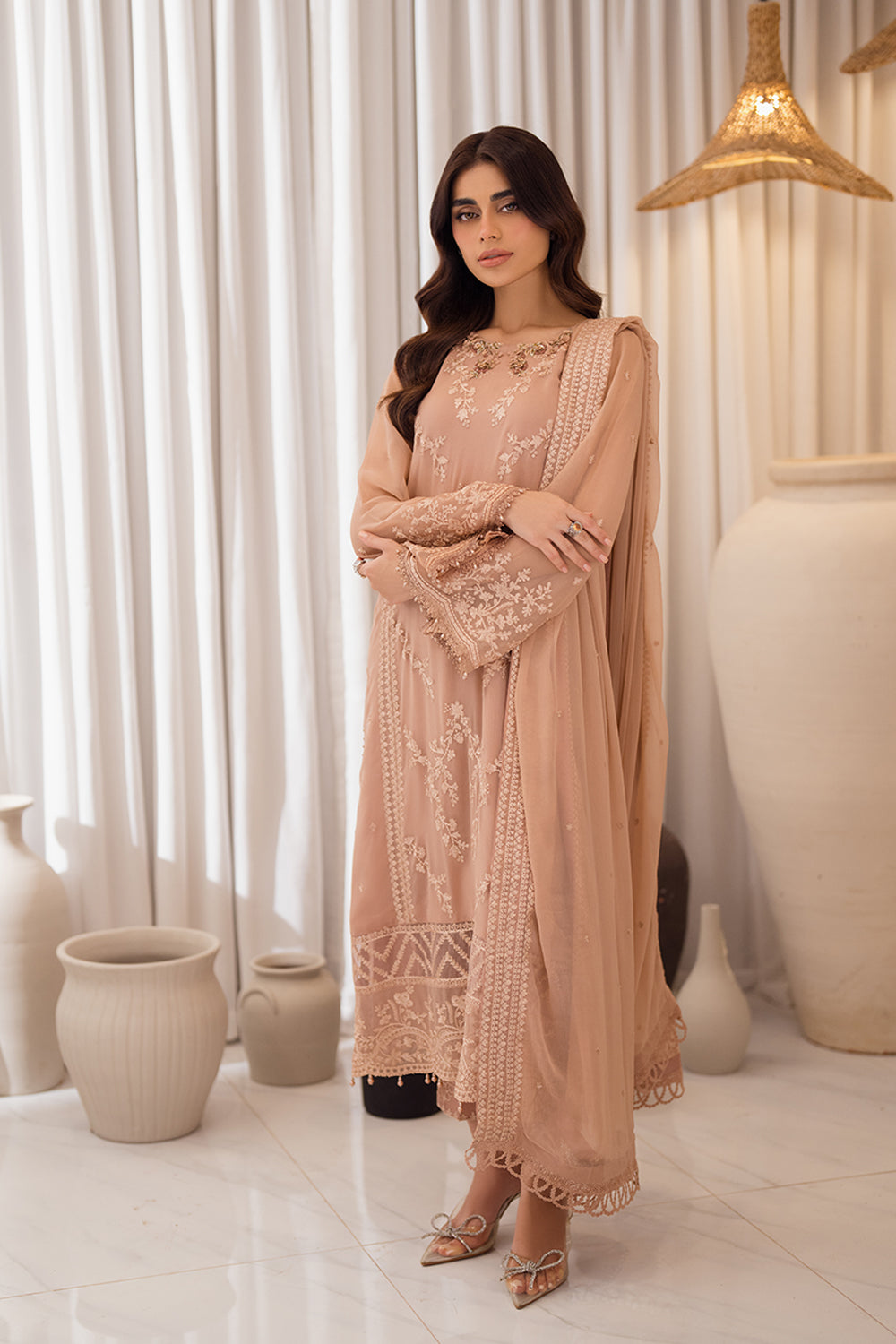 Azure | Ensembles Embroidered Formals | Beige Bliss XL Blush Pink Chiffon