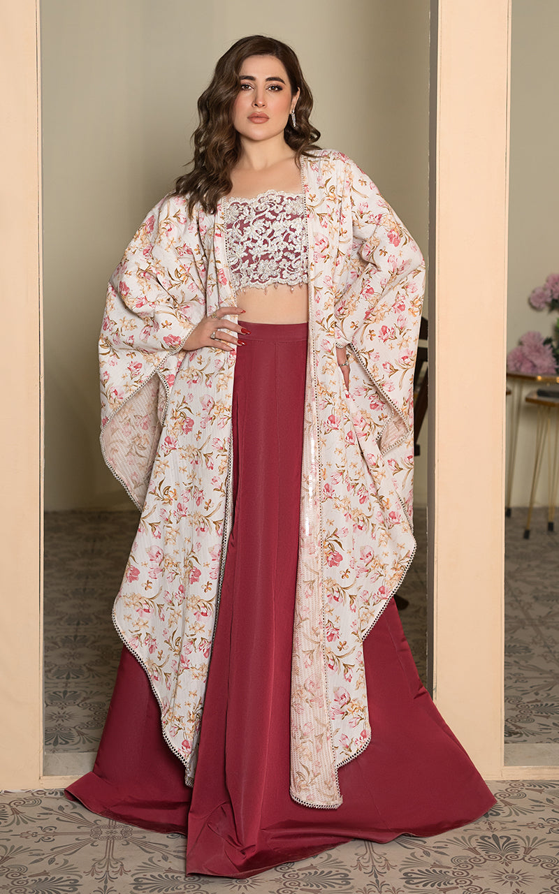 Threads and Motifs | Formal Dresses 25 | Embroidered Blouse With Printed Cape And Skirt - Pakistani Designer Dress - by Threads and Motifs - Type : Ladies Clothes - 100% Original at Saira Sultan
