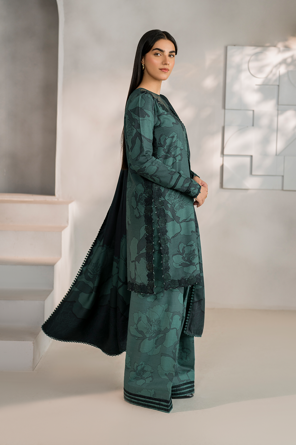 Iznik | Exclusive Winter | UE-352 XL Teal Green Slub Khaddar