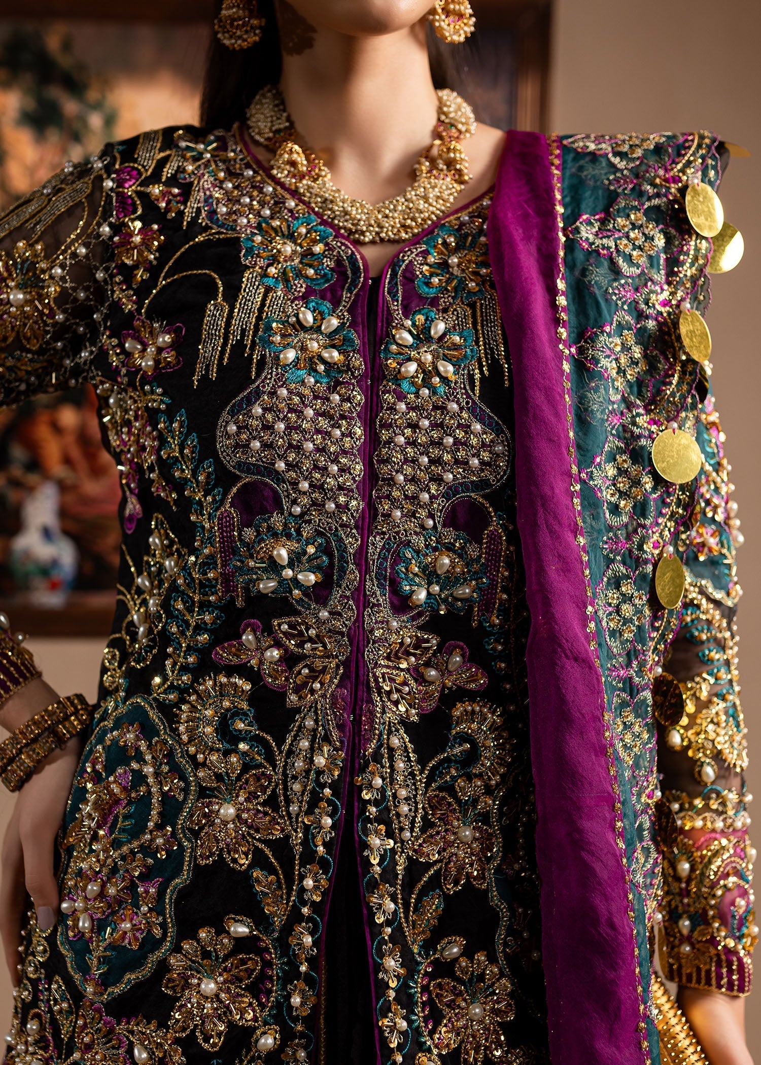 Maria Osama Khan | Lamhay Wedding Festive | Zumar M Long Open Jacket with Lehnga