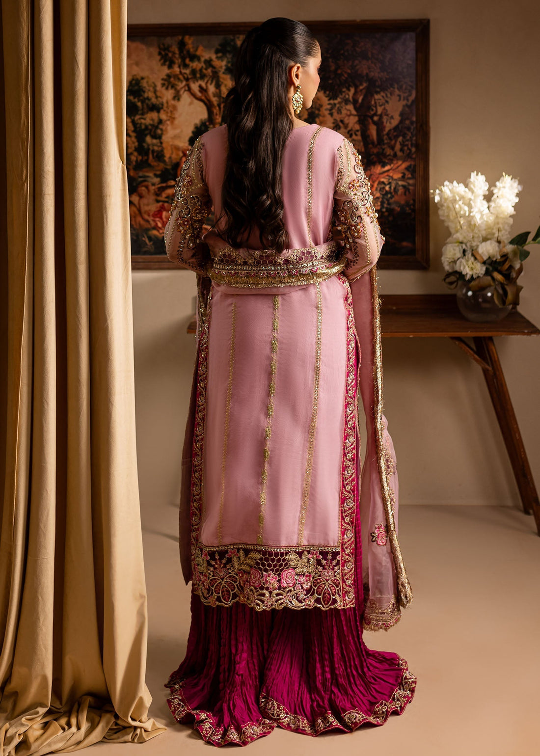 Maria Osama Khan | Lamhay Wedding Festive | Zarmina XS Open Long Shirt with Crushed Sharara