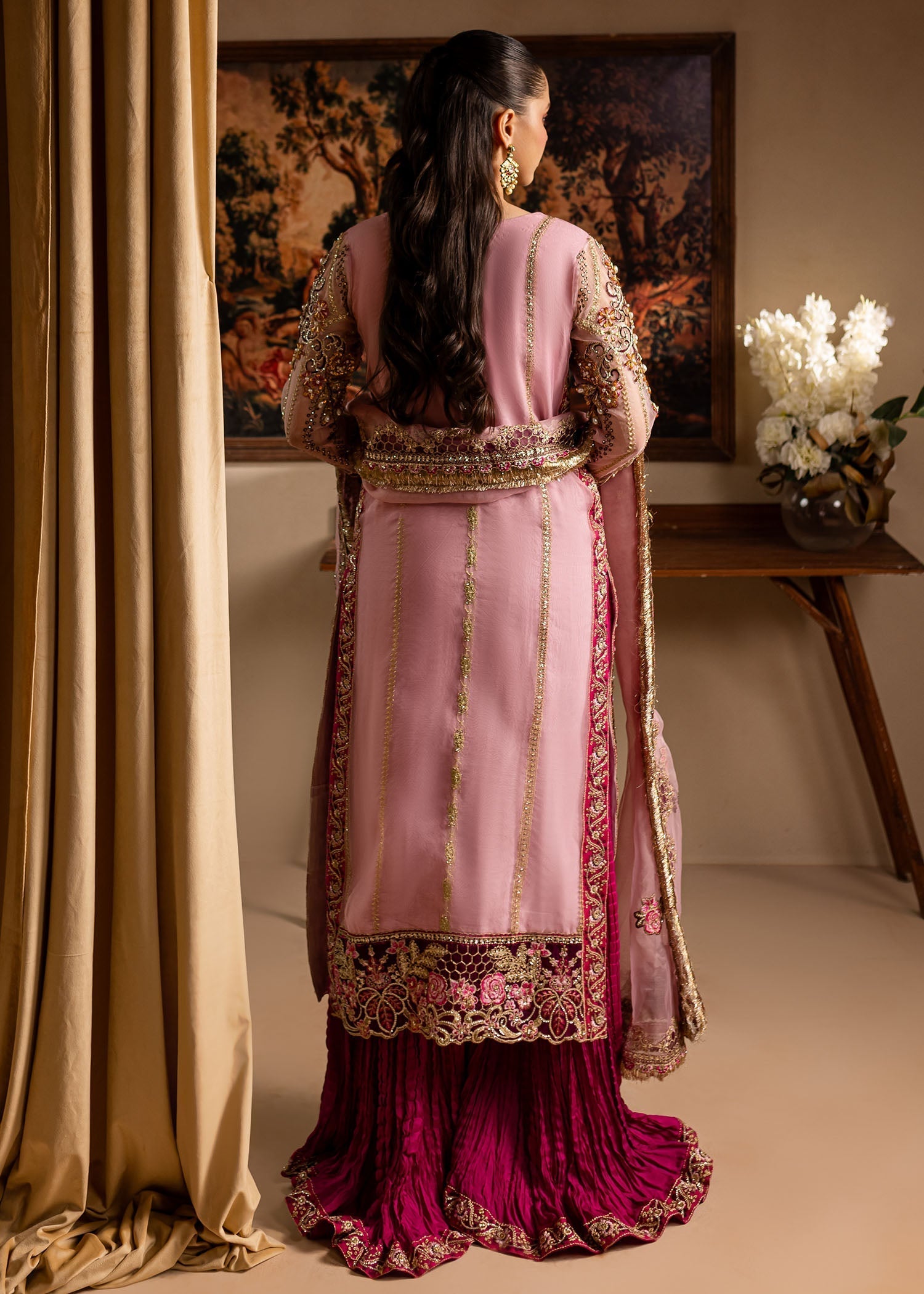 Maria Osama Khan | Lamhay Wedding Festive | Zarmina S Open Long Shirt with Crushed Sharara