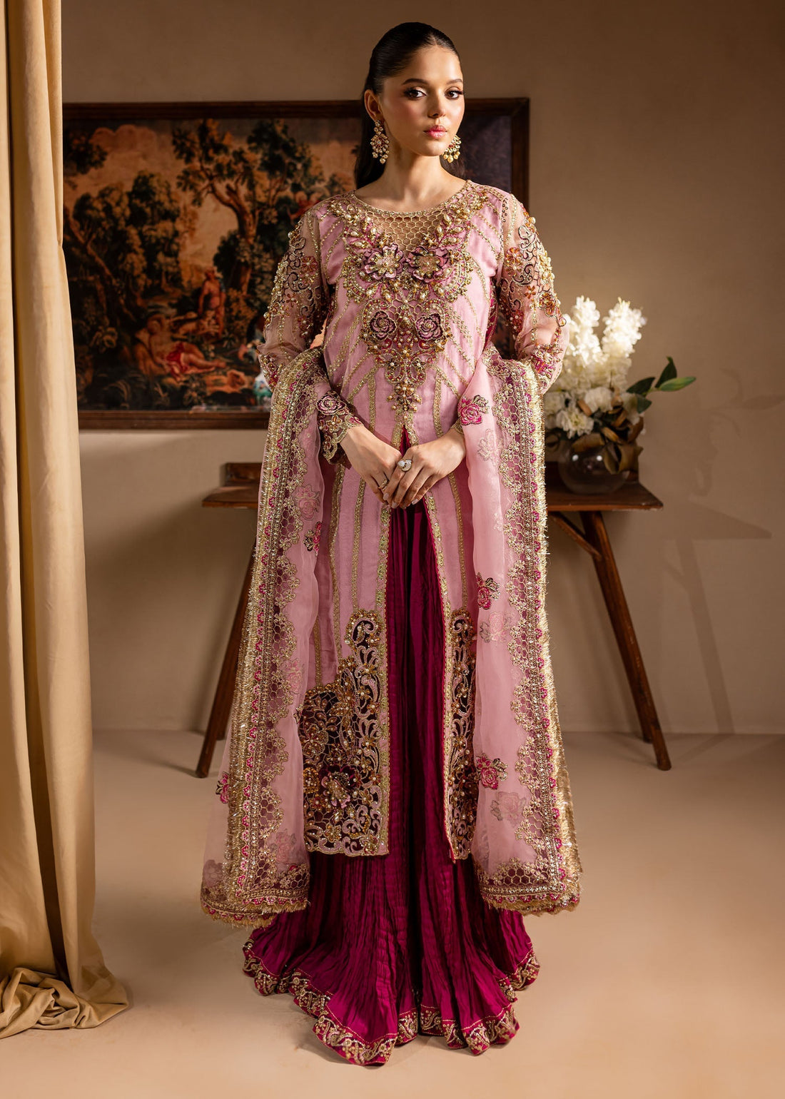 Maria Osama Khan | Lamhay Wedding Festive | Zarmina XS Open Long Shirt with Crushed Sharara
