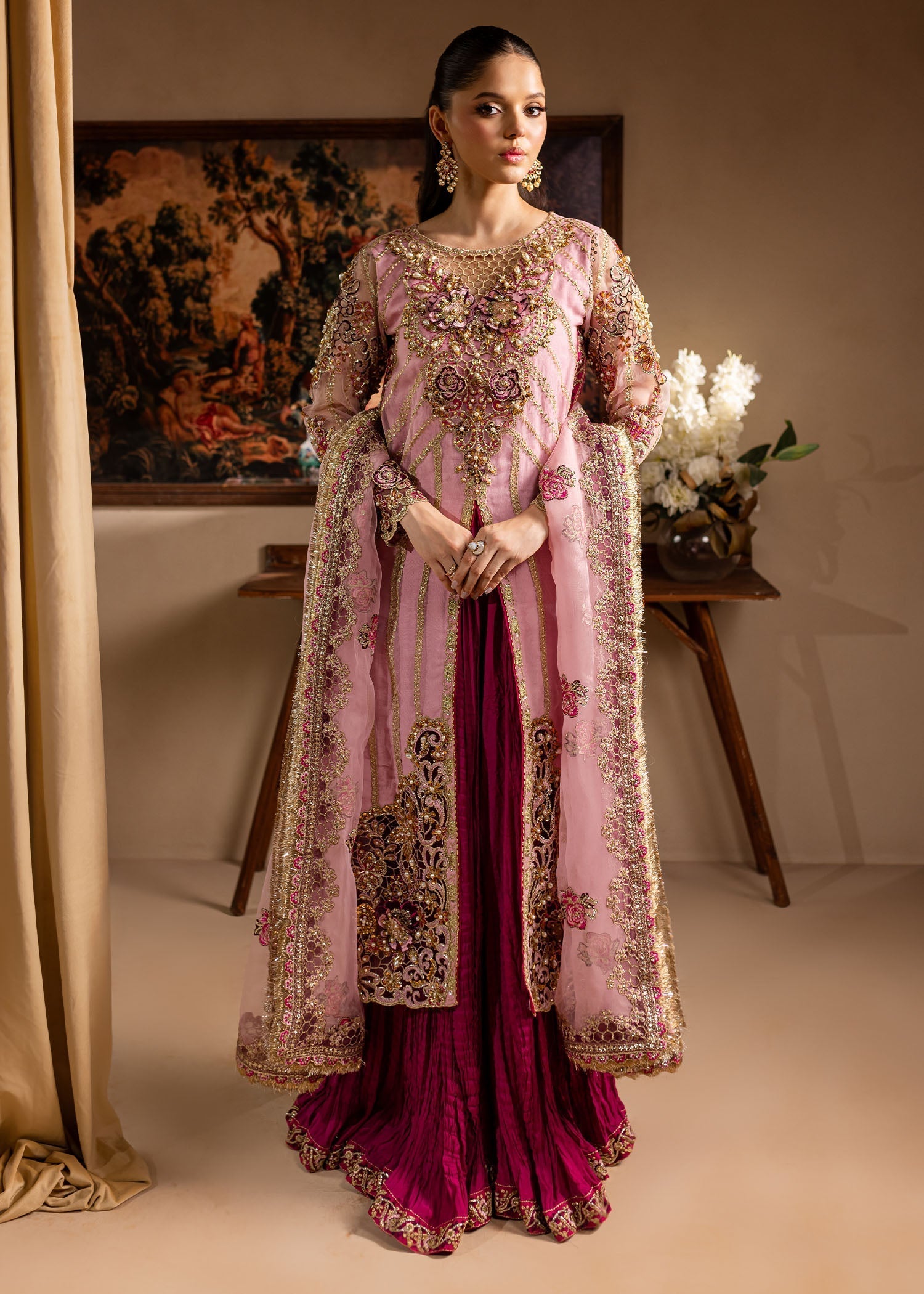 Maria Osama Khan | Lamhay Wedding Festive | Zarmina XS Open Long Shirt with Crushed Sharara
