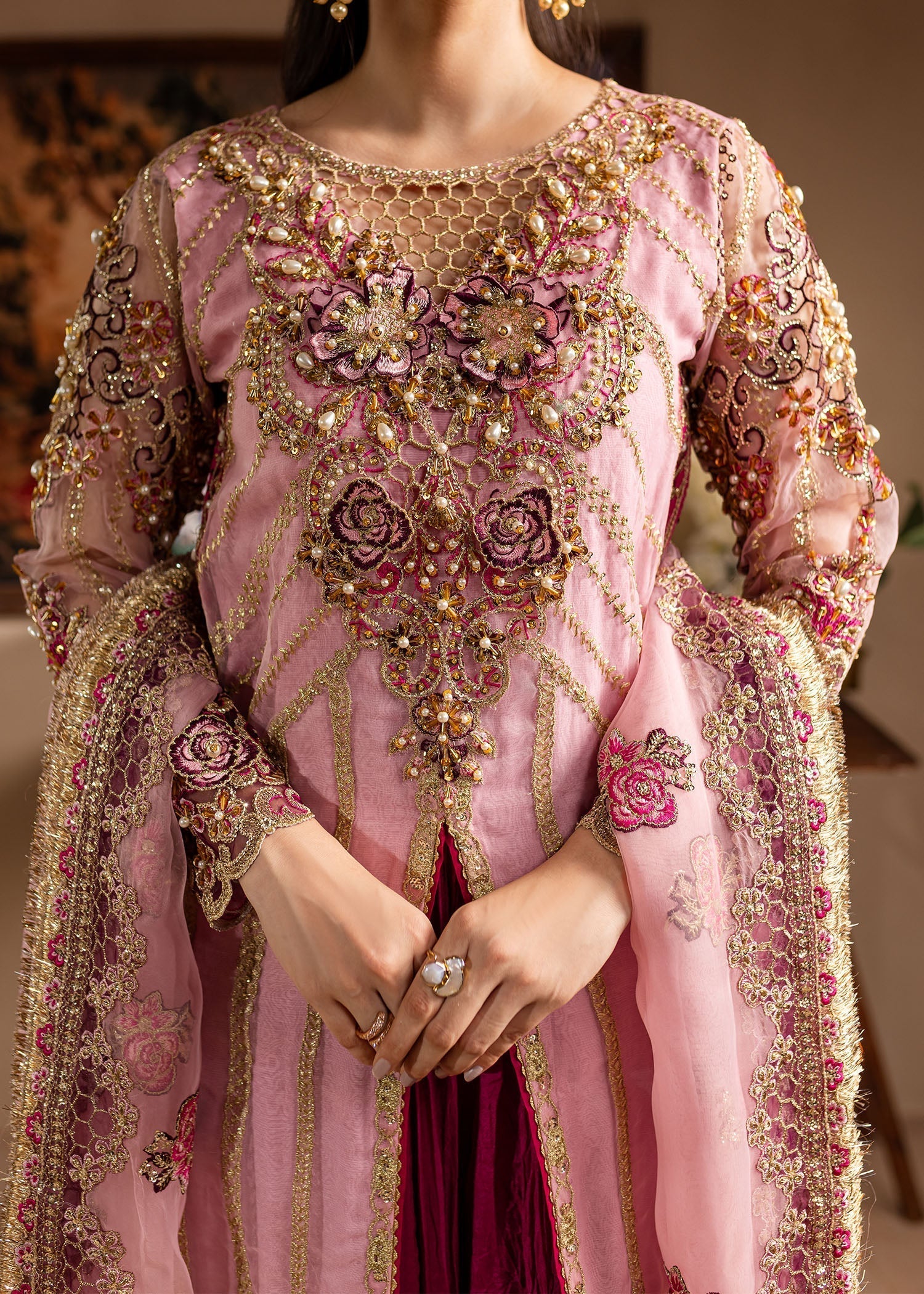 Maria Osama Khan | Lamhay Wedding Festive | Zarmina M Open Long Shirt with Crushed Sharara
