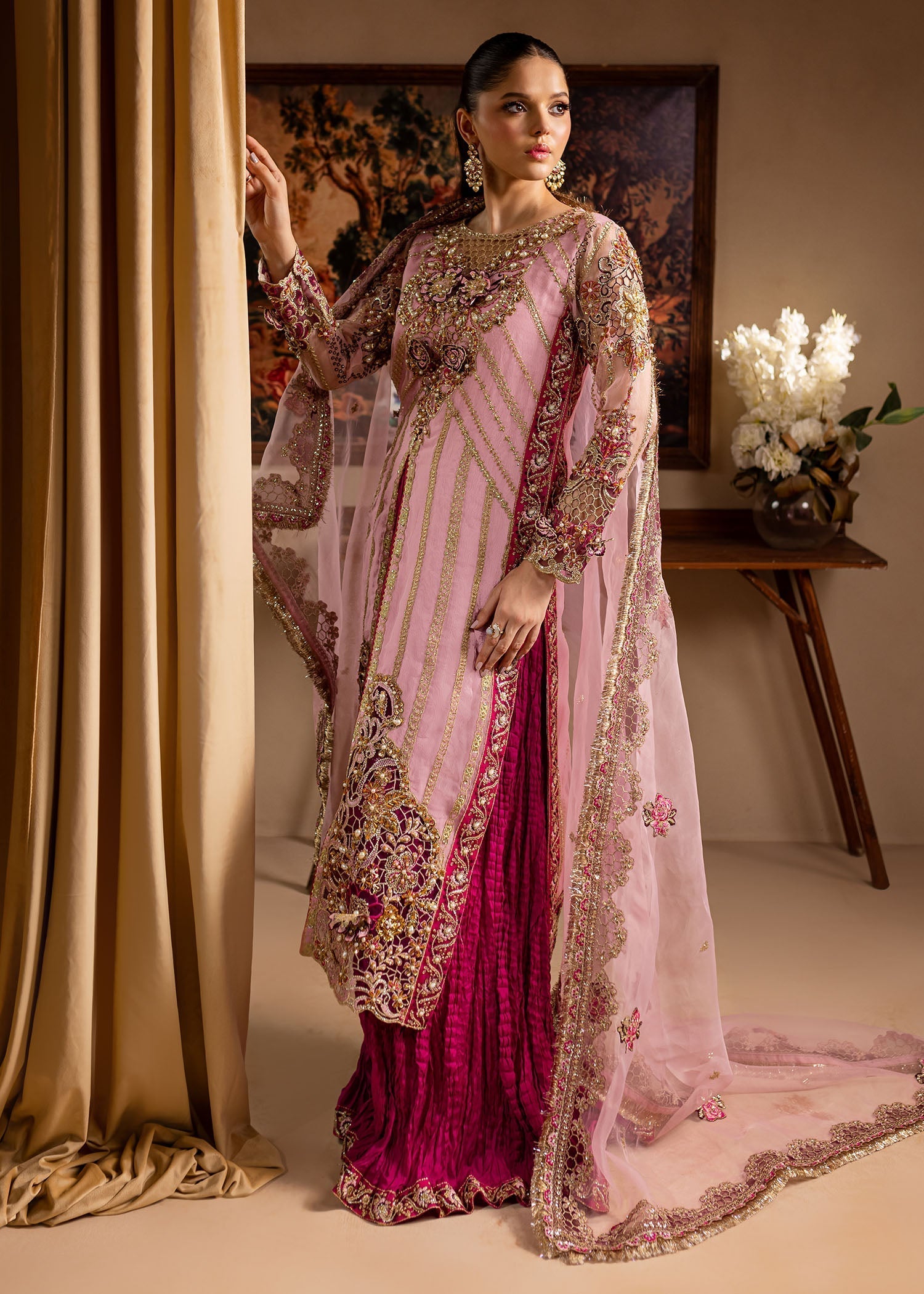 Maria Osama Khan | Lamhay Wedding Festive | Zarmina XL Open Long Shirt with Crushed Sharara