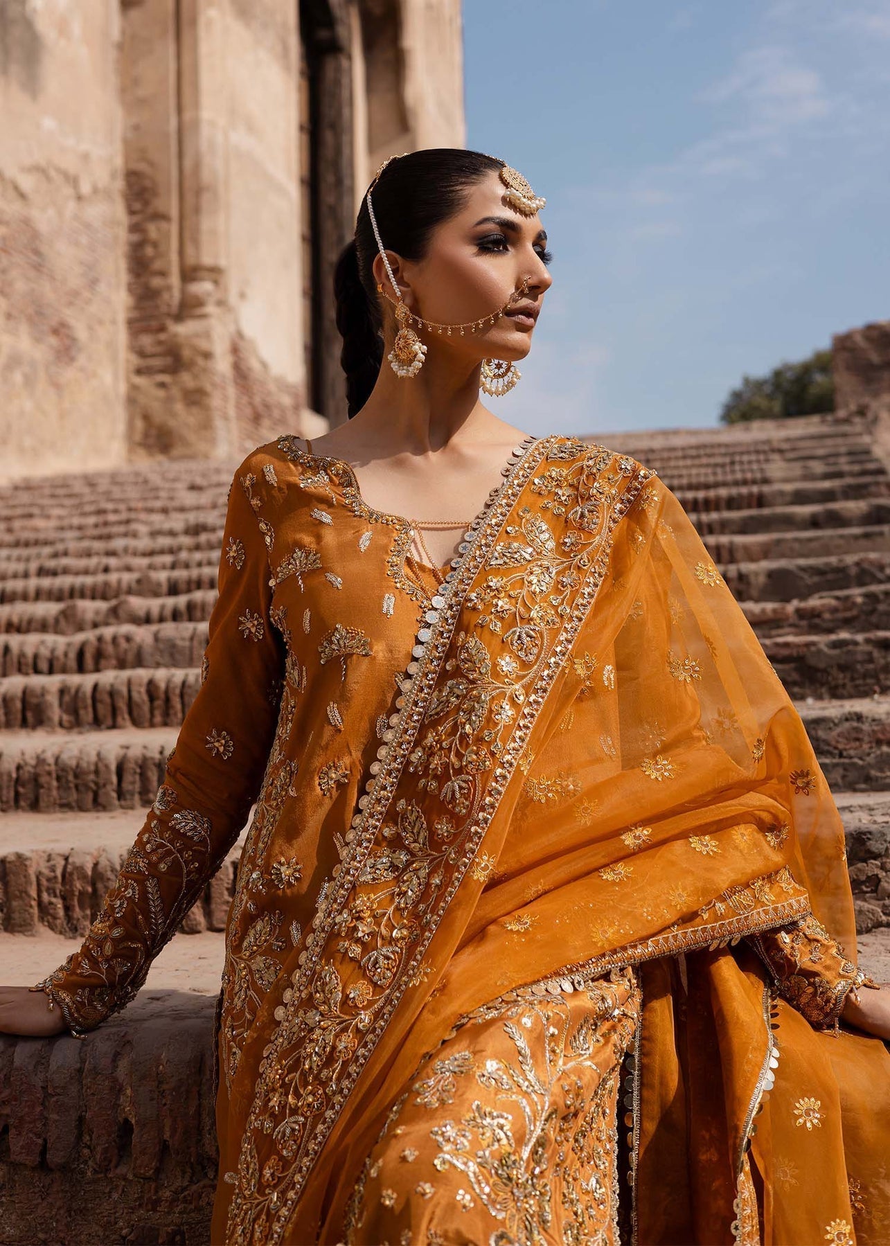 Akbar Aslam | Dastaan Luxury Formals | Zarmisha XL Deep Saffron Silk