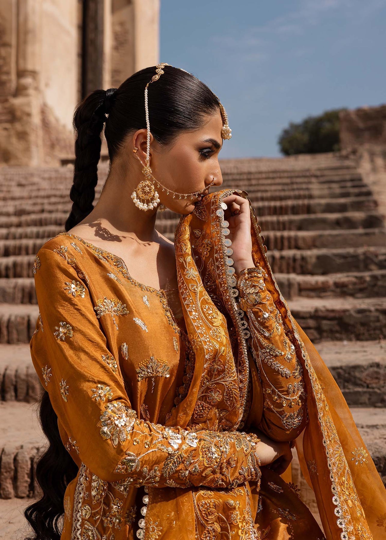 Akbar Aslam | Dastaan Luxury Formals | Zarmisha Custom Size Deep Saffron Silk