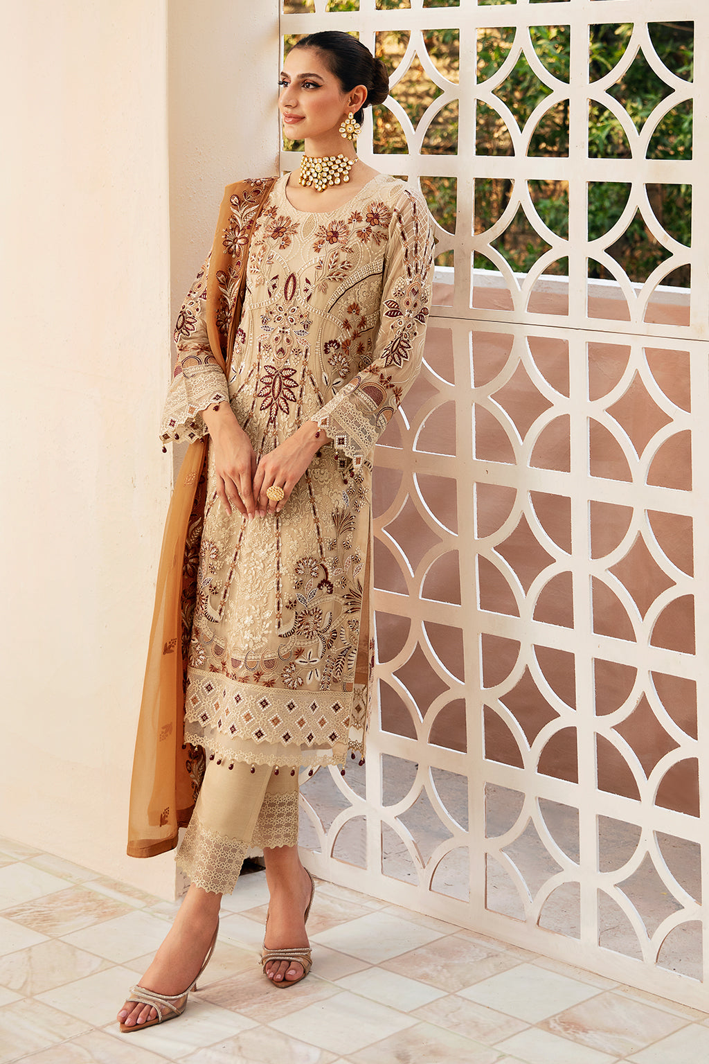 Ramsha | Chevron Chiffon Collection | A-912 M Beige Chiffon