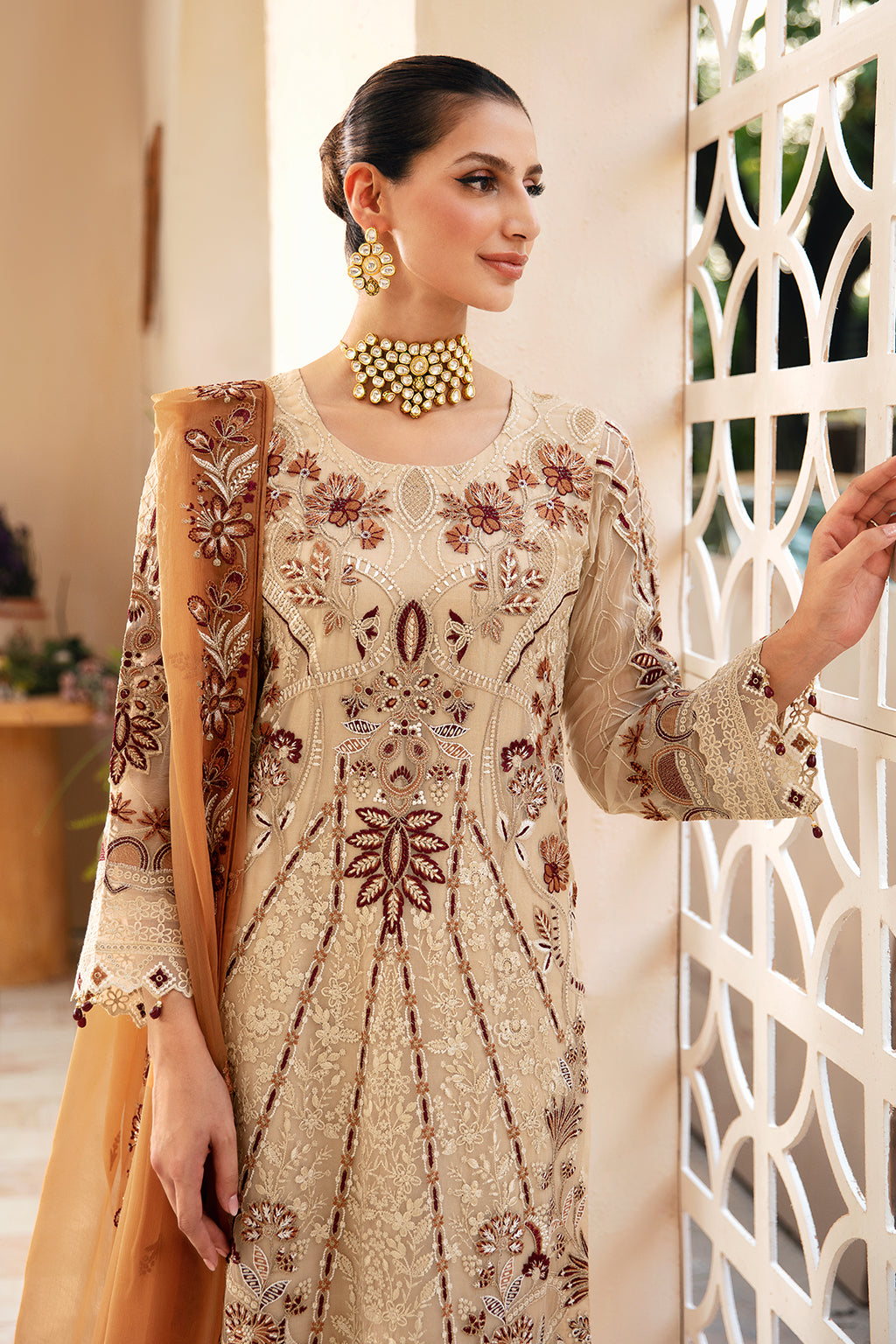 Ramsha | Chevron Chiffon Collection | A-912 L Beige Chiffon