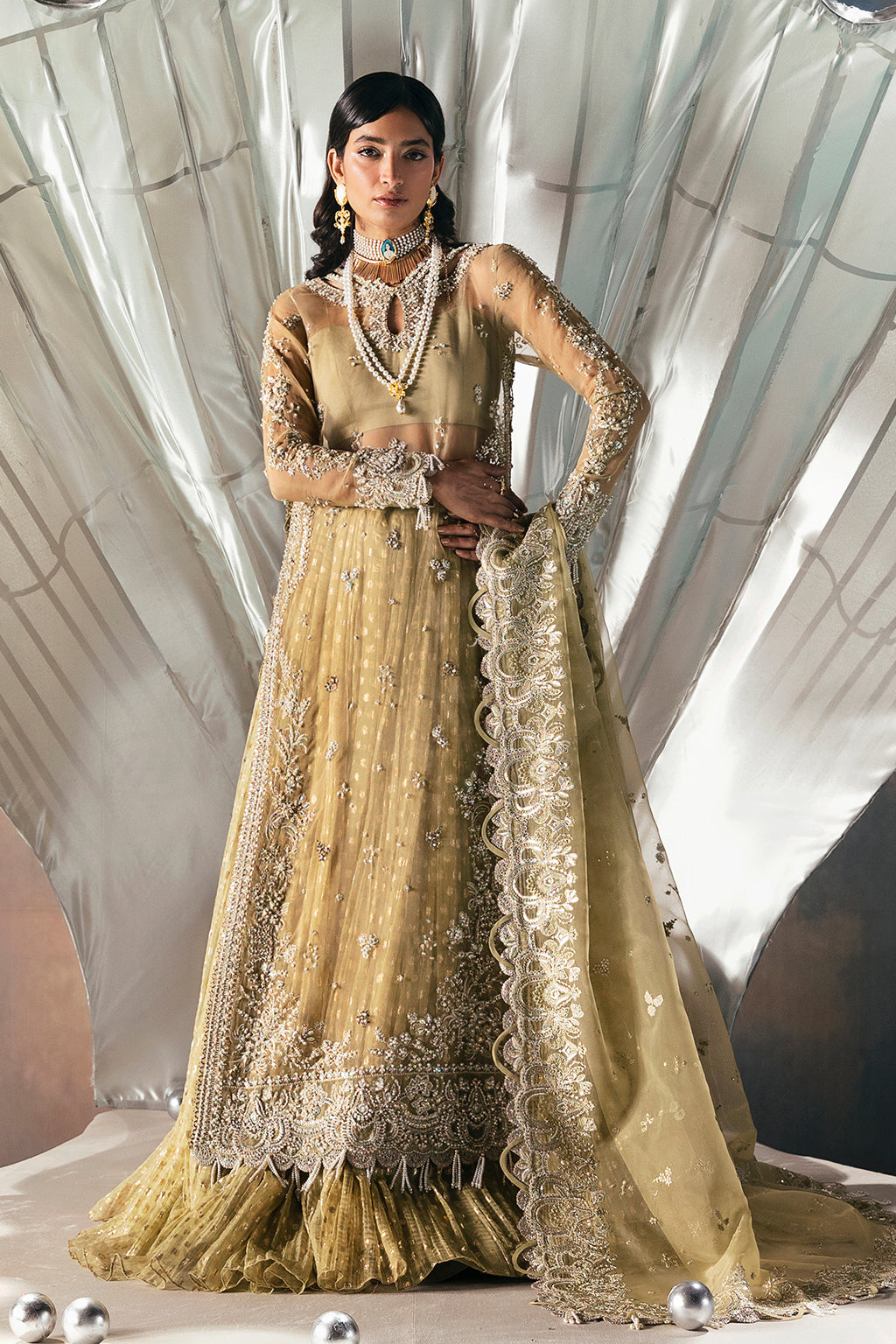 Afrozeh | Wild Flower Bloom Luxury Formals | Adelle XS Long Shirt with Crushed Lehnga