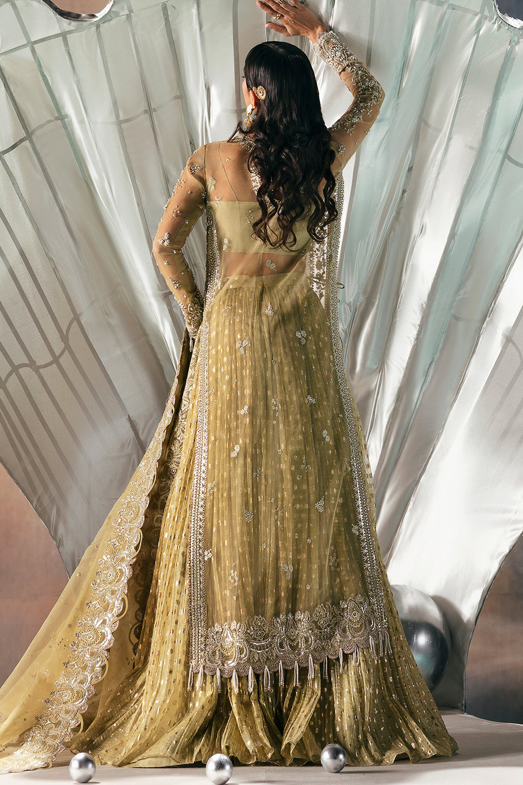 Afrozeh | Wild Flower Bloom Luxury Formals | Adelle S Long Shirt with Crushed Lehnga