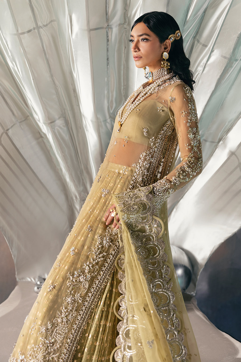 Afrozeh | Wild Flower Bloom Luxury Formals | Adelle M Long Shirt with Crushed Lehnga