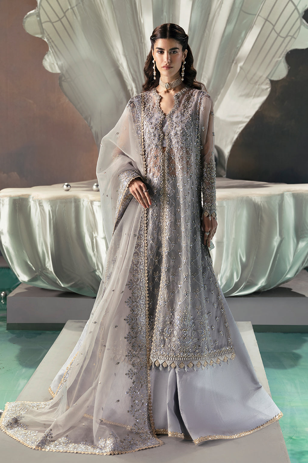 Afrozeh | Wild Flower Bloom Luxury Formals | Leona XS Long Open Shirt with Sharara