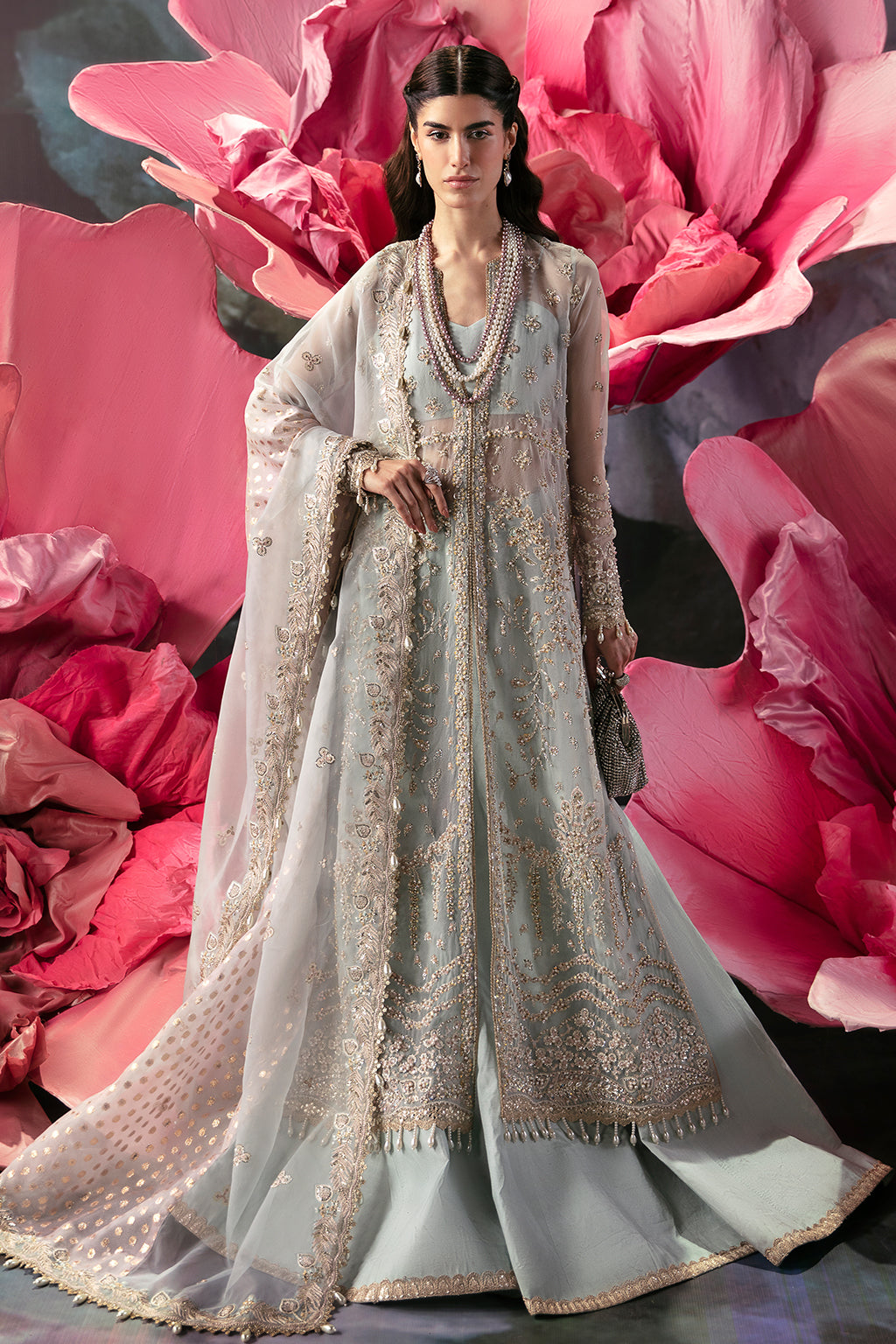Afrozeh | Wild Flower Bloom Luxury Formals | Paola XS Long Open Shirt with Sharara