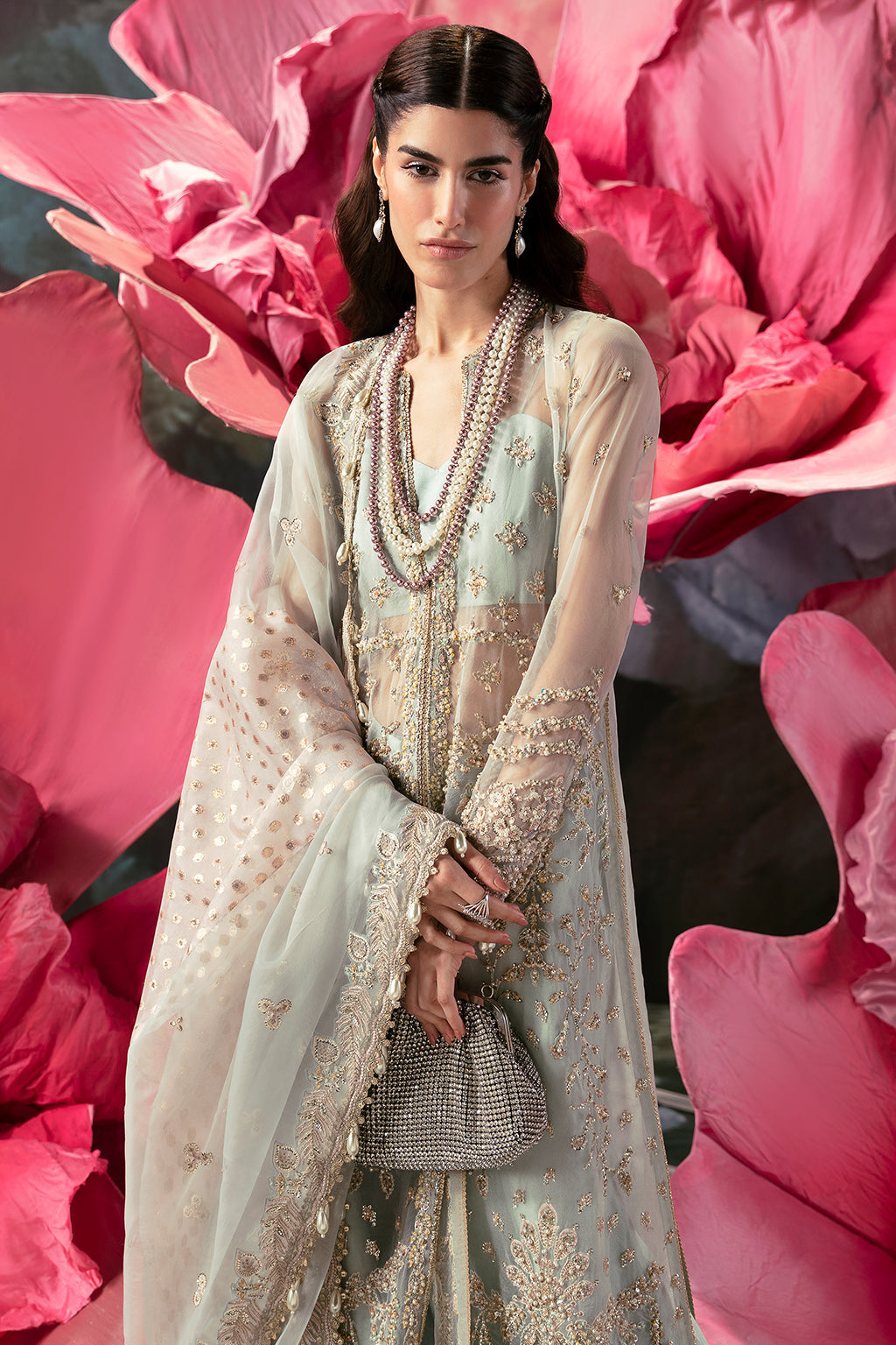 Afrozeh | Wild Flower Bloom Luxury Formals | Paola M Long Open Shirt with Sharara