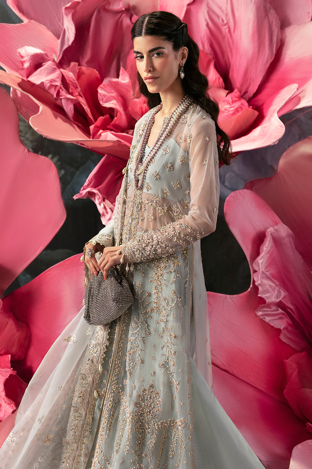 Afrozeh | Wild Flower Bloom Luxury Formals | Paola L Long Open Shirt with Sharara