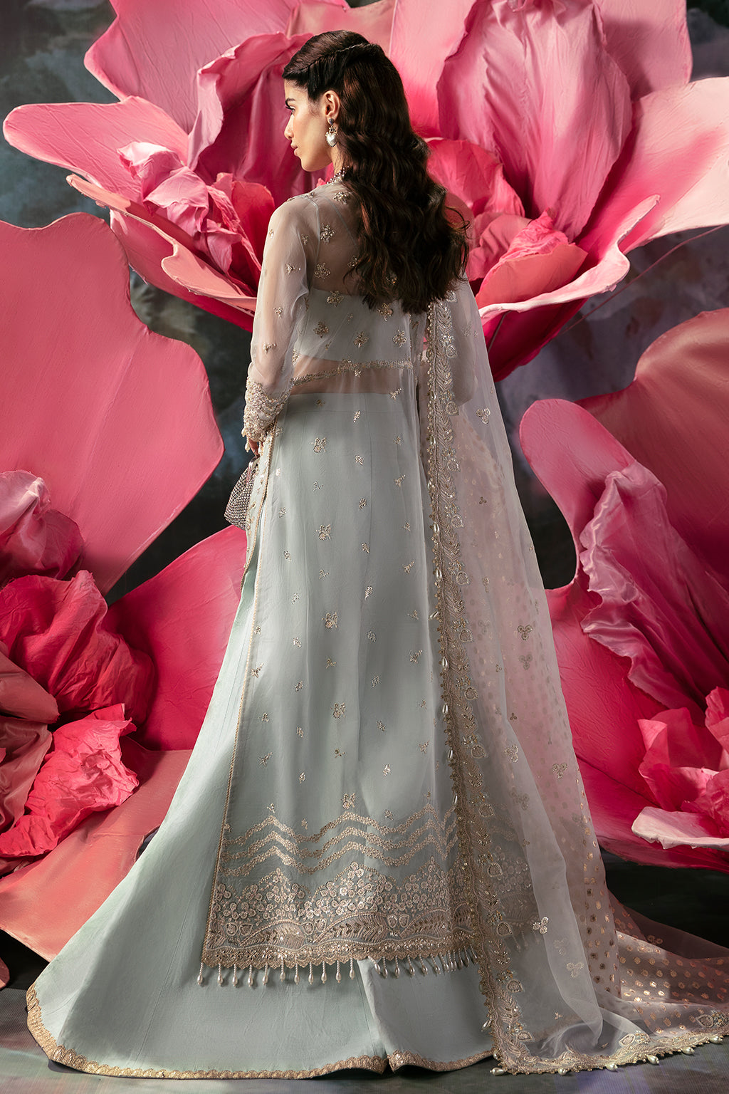 Afrozeh | Wild Flower Bloom Luxury Formals | Paola XS Long Open Shirt with Sharara