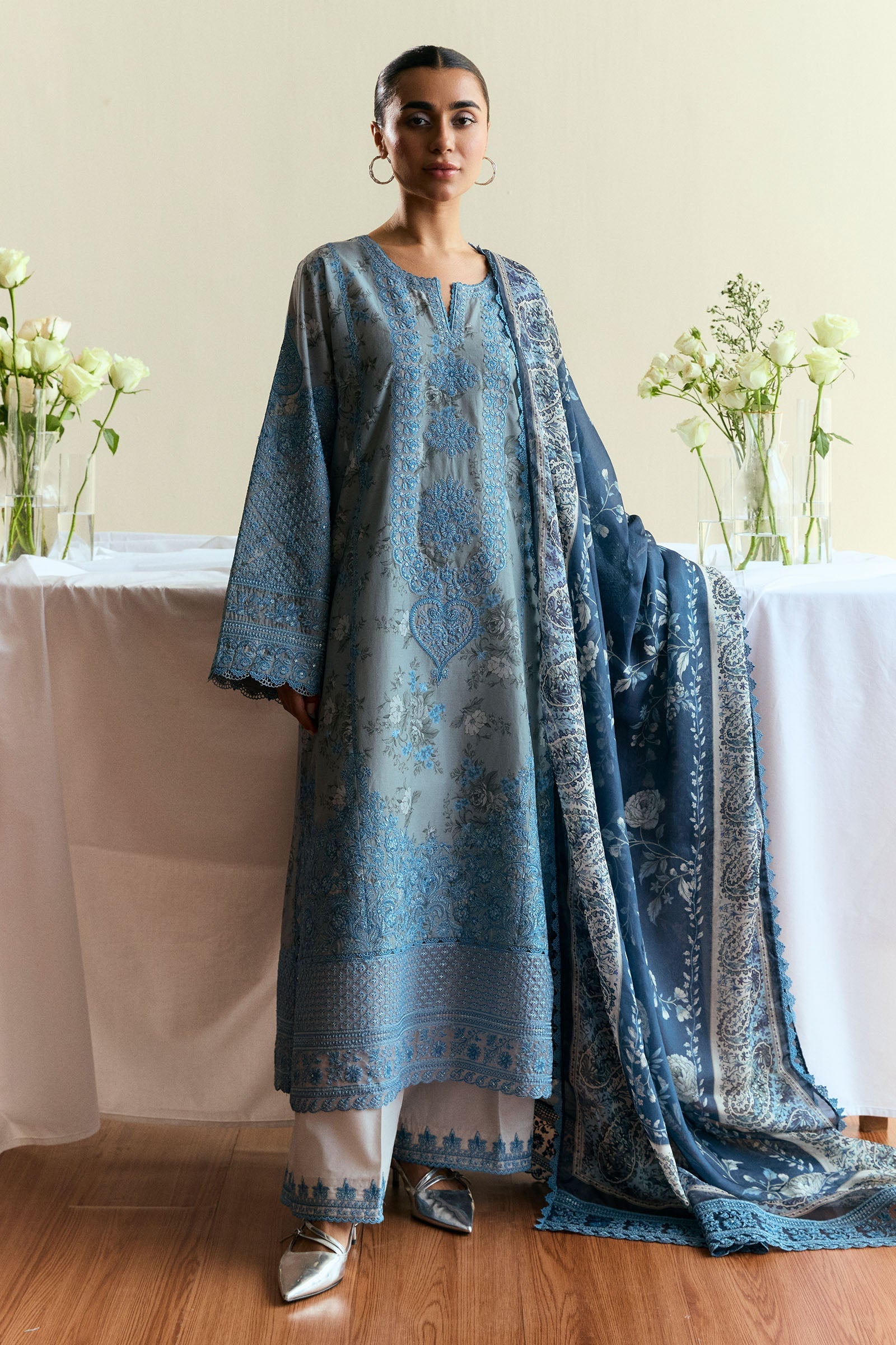 Zara Shahjahan | Coco Eid Edit | Fleuron-D6 XS Light Blue Gray Lawn