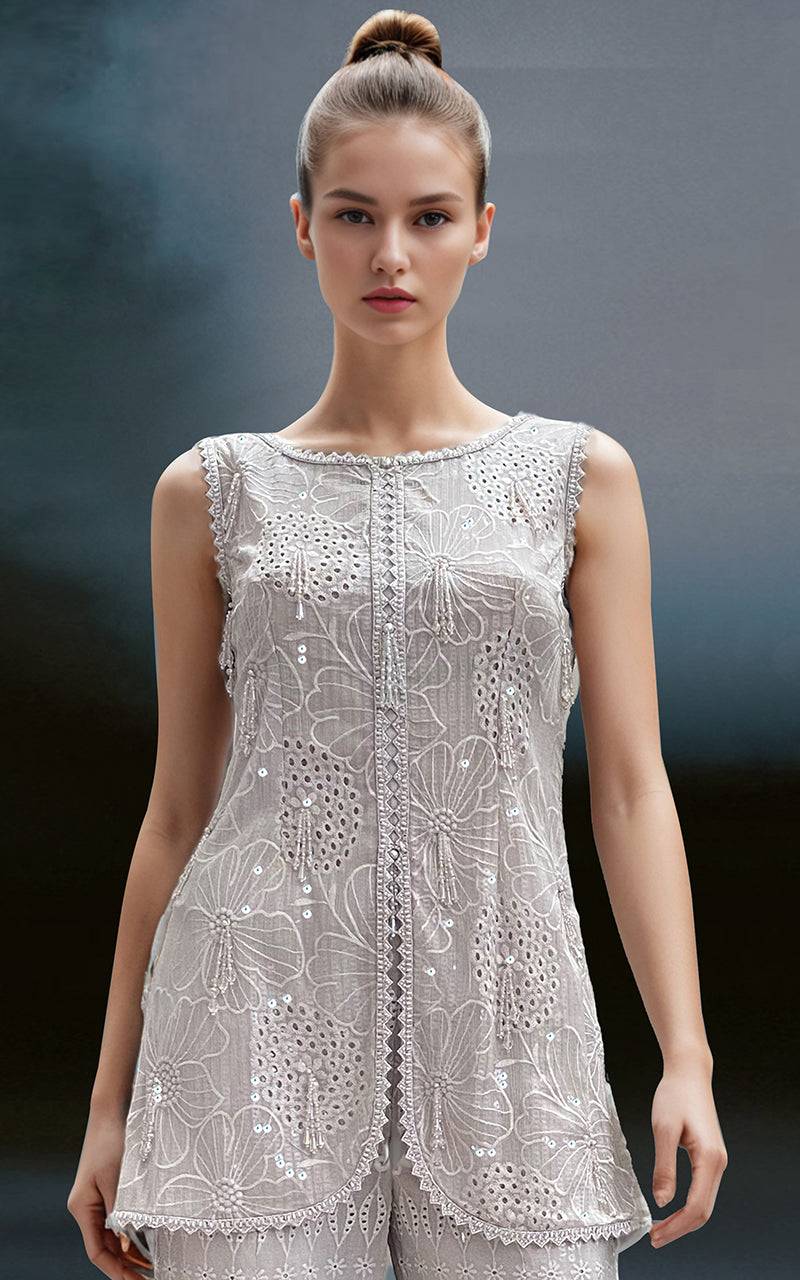 Threads and Motifs | Formal Dresses 25 | Chiffon Chikankari Embroidered Top with Trouser - Pakistani Designer Dress - by Threads and Motifs - Type : Ladies Clothes - 100% Original at Saira Sultan
