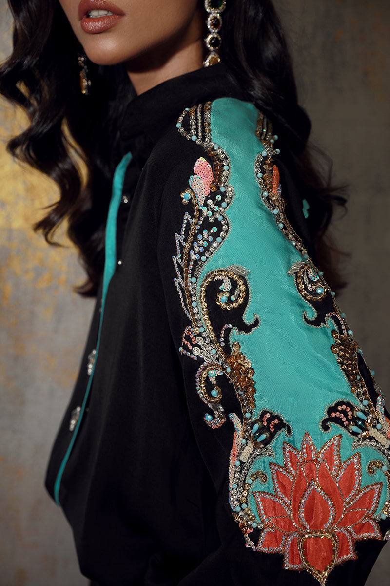 Wardha Saleem | Luxury Pret Fusion Wear | RANA L Black Silk