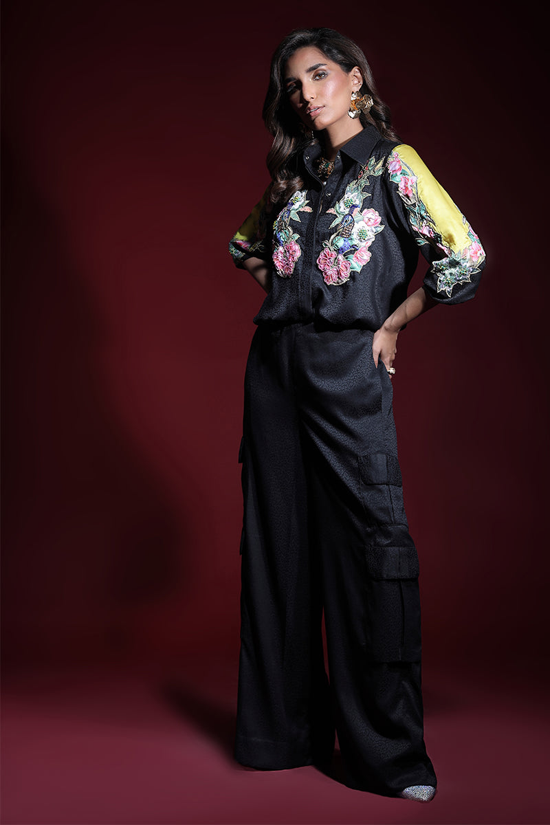 Wardha Saleem | Luxury Pret Fusion Wear | ONYX CORD-SET (2PC) L Black Silk