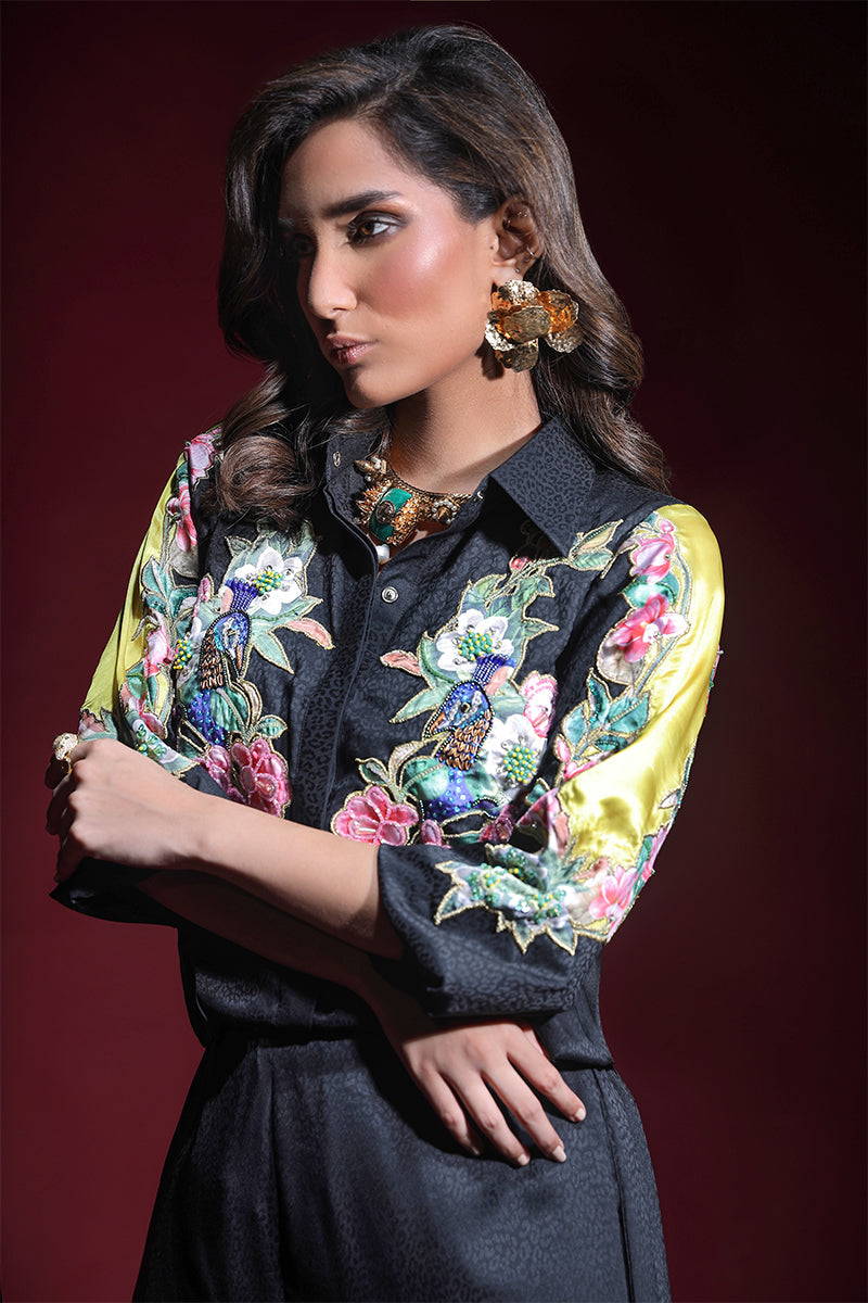 Wardha Saleem | Luxury Pret Fusion Wear | ONYX CORD-SET (2PC) M Black Silk