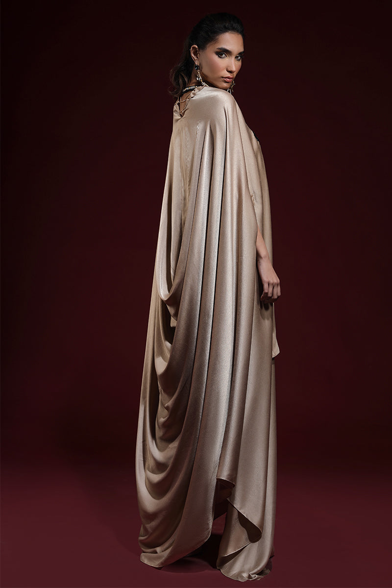 Wardha Saleem | Luxury Pret Fusion Wear | SAHARA DRAPE WITH PANTS (2PC) XS Beige Silk