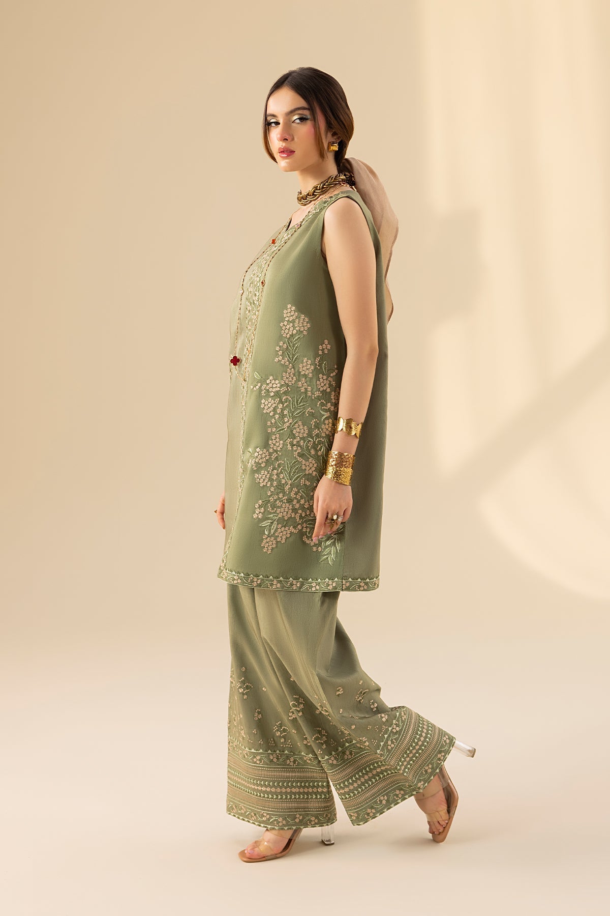 Erum Khan | Lillia Summer Edit | Olive Bloom XL Greenish Grey Korean Silk