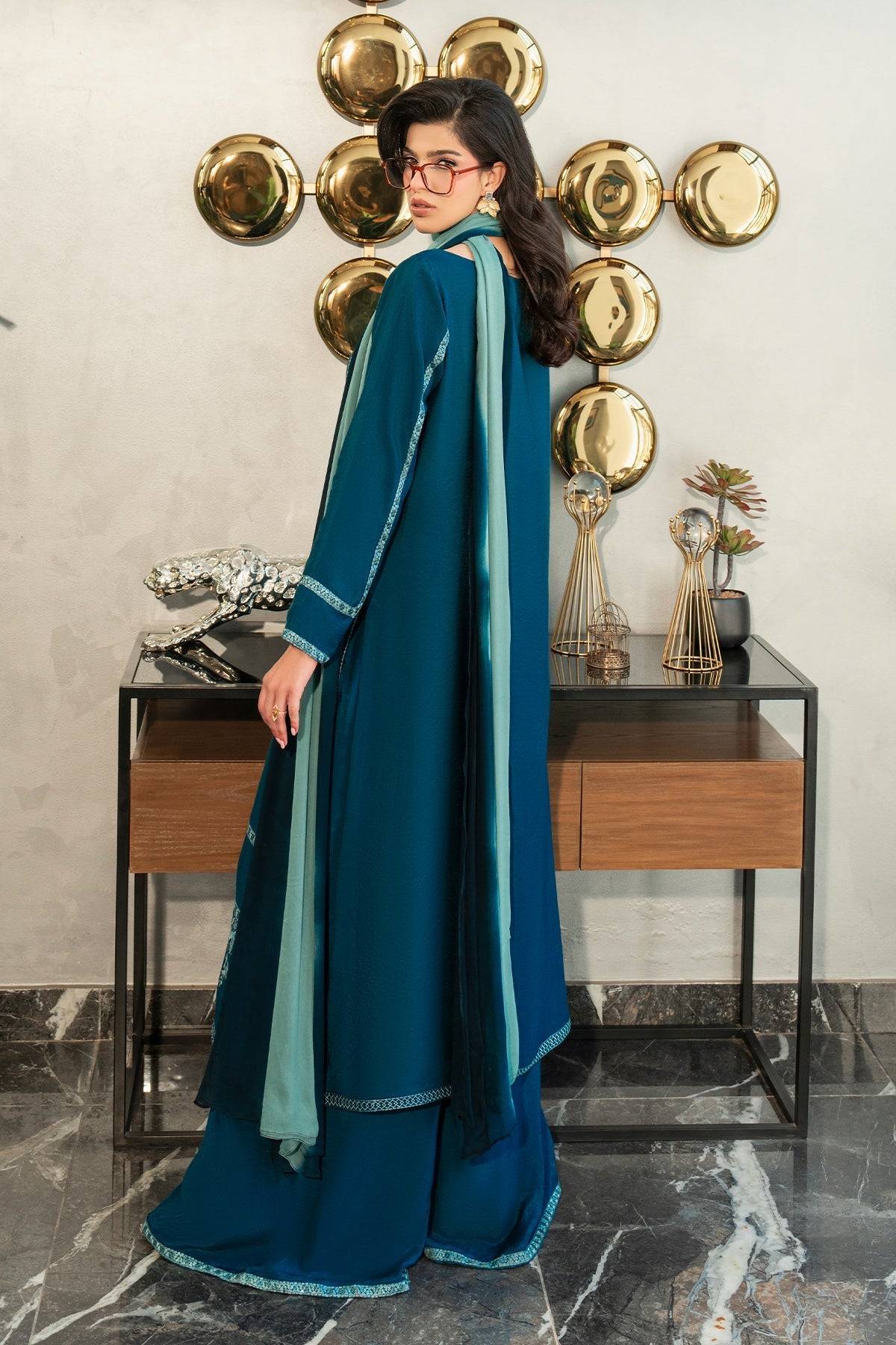 Fahad Hussayn | Lawn Banger | Midnight Teal - Pakistani Designer Dress - by Erum Khan | Type: Ladies Clothes - 100% Original at Saira Sultan