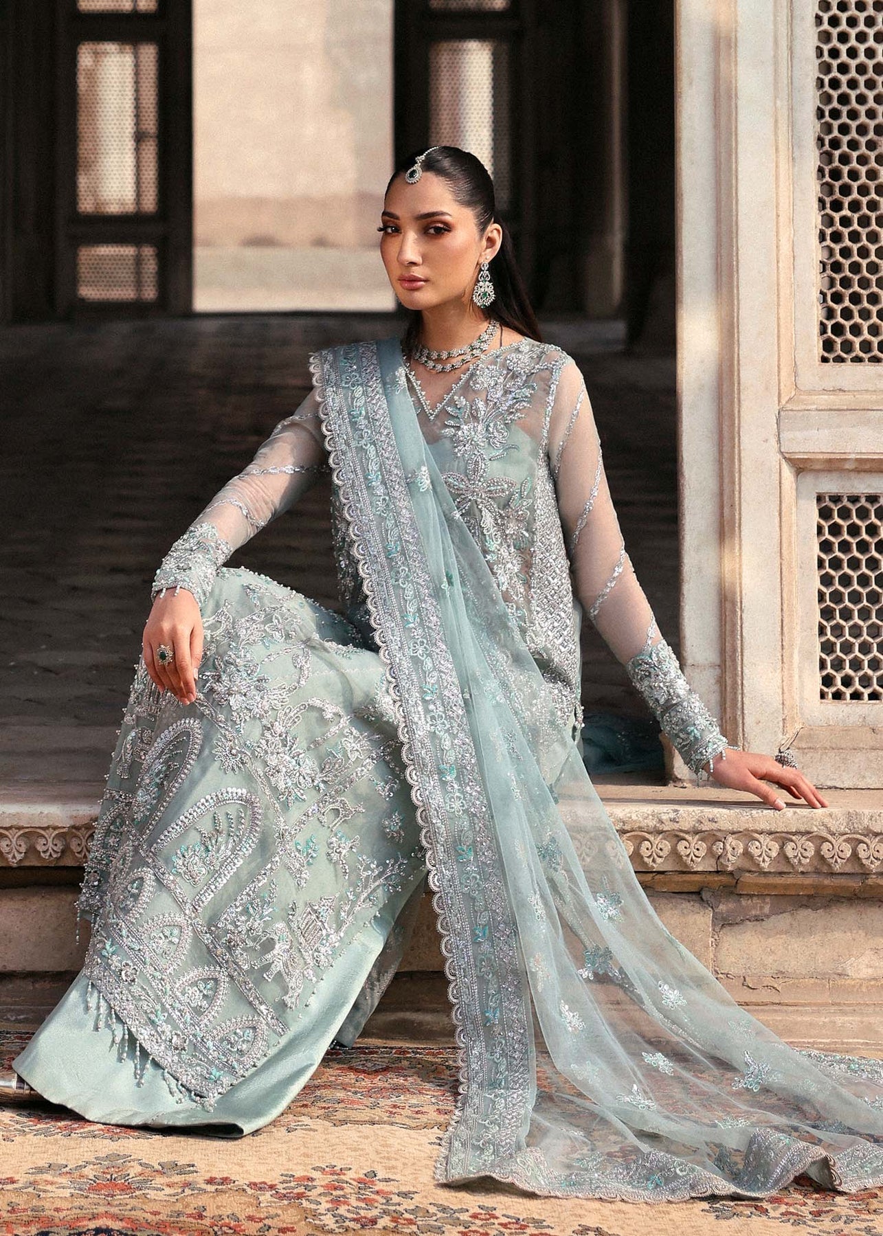 Akbar Aslam | Dastaan Luxury Formals | Mahrosh Custom Size Gray Organza