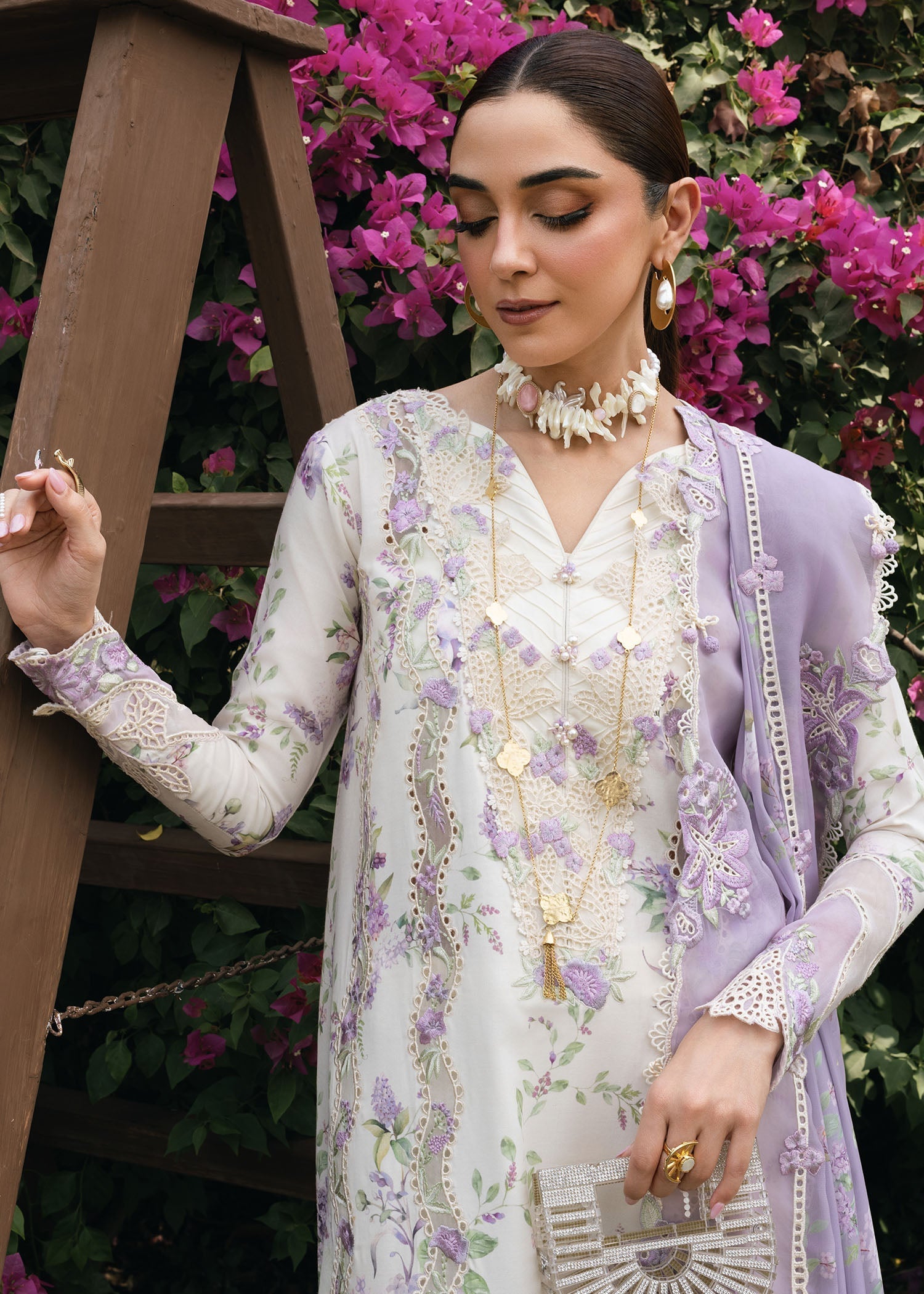 Crimson | Tasawar 25 | LAVENDER FALL - D5B M White Organza