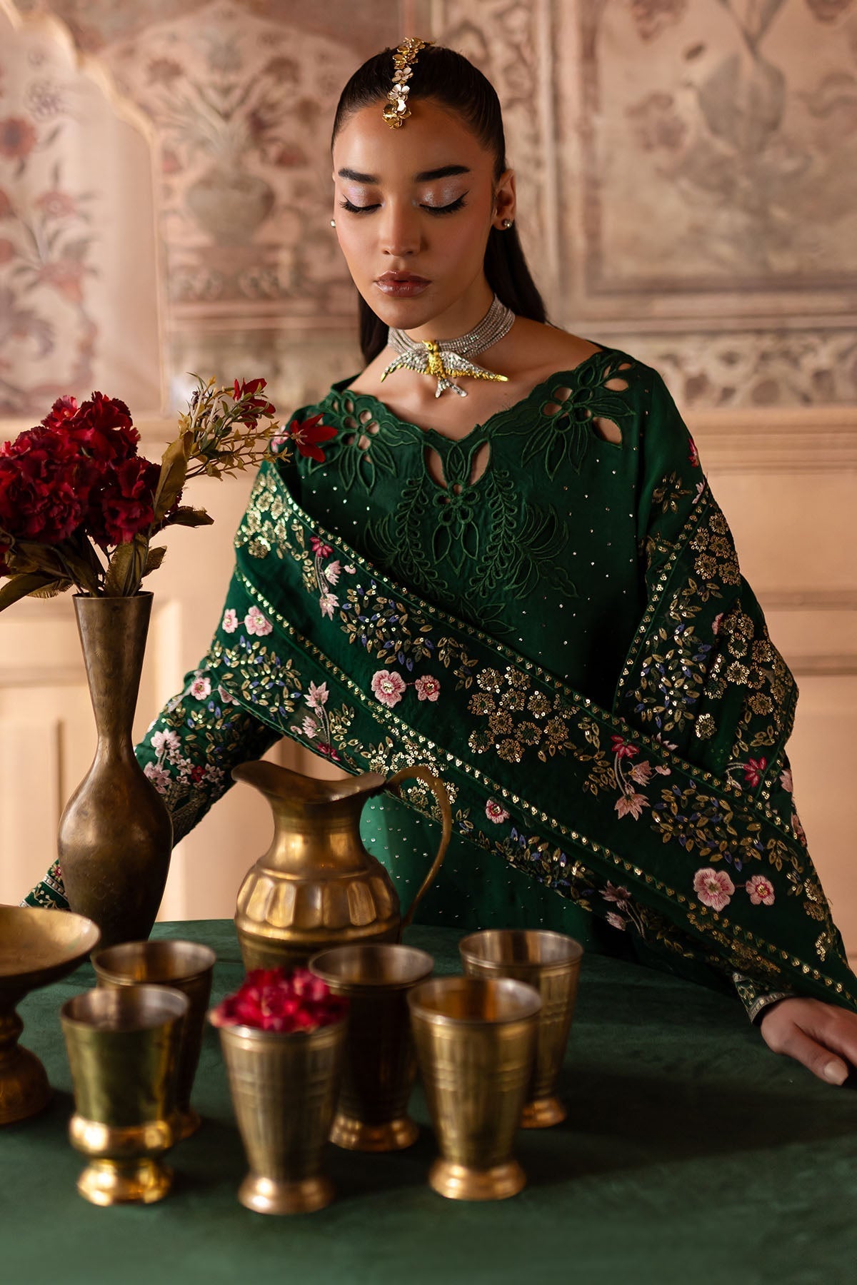 Nureh | Nur Mahal Formals | NE-138 XL Dark Green Silk