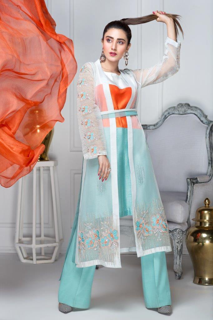 Hana | Eclectic Ready to Wear | Aqua Marine M Multi Organza Silk