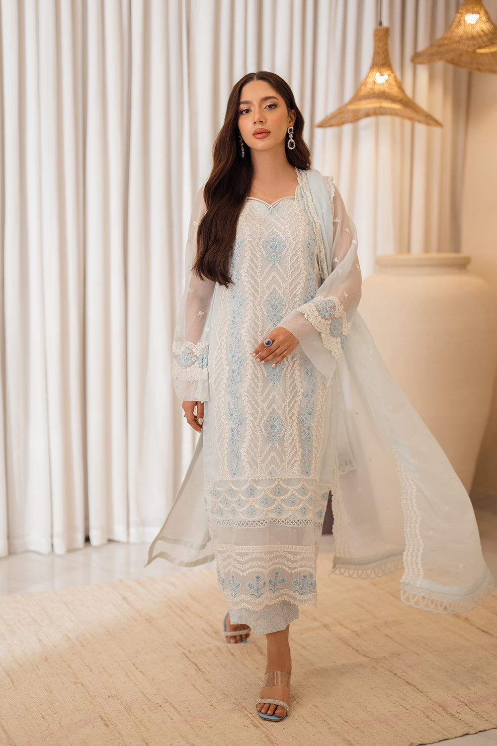 Azure | Ensembles Embroidered Formals | Ocean Whisper XS Light Blue Chiffon