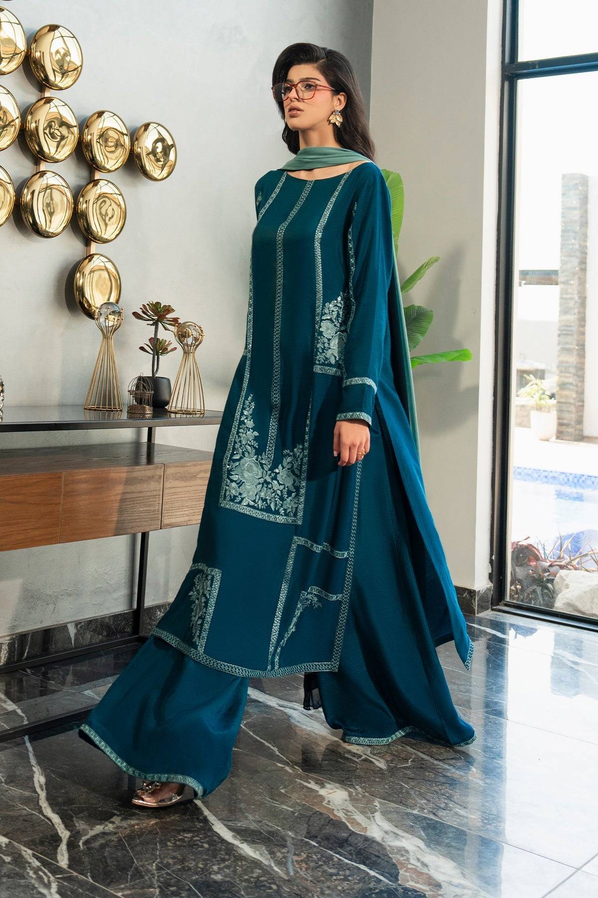 Fahad Hussayn | Lawn Banger | Midnight Teal - Pakistani Designer Dress - by Erum Khan | Type: Ladies Clothes - 100% Original at Saira Sultan