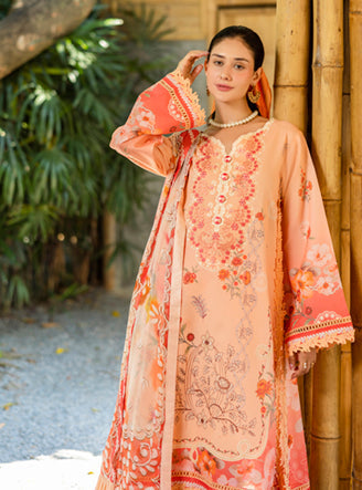 Roheenaz | Ethereal Bloom Lawn 25 | Zaria XS Peach Pink Printed lawn